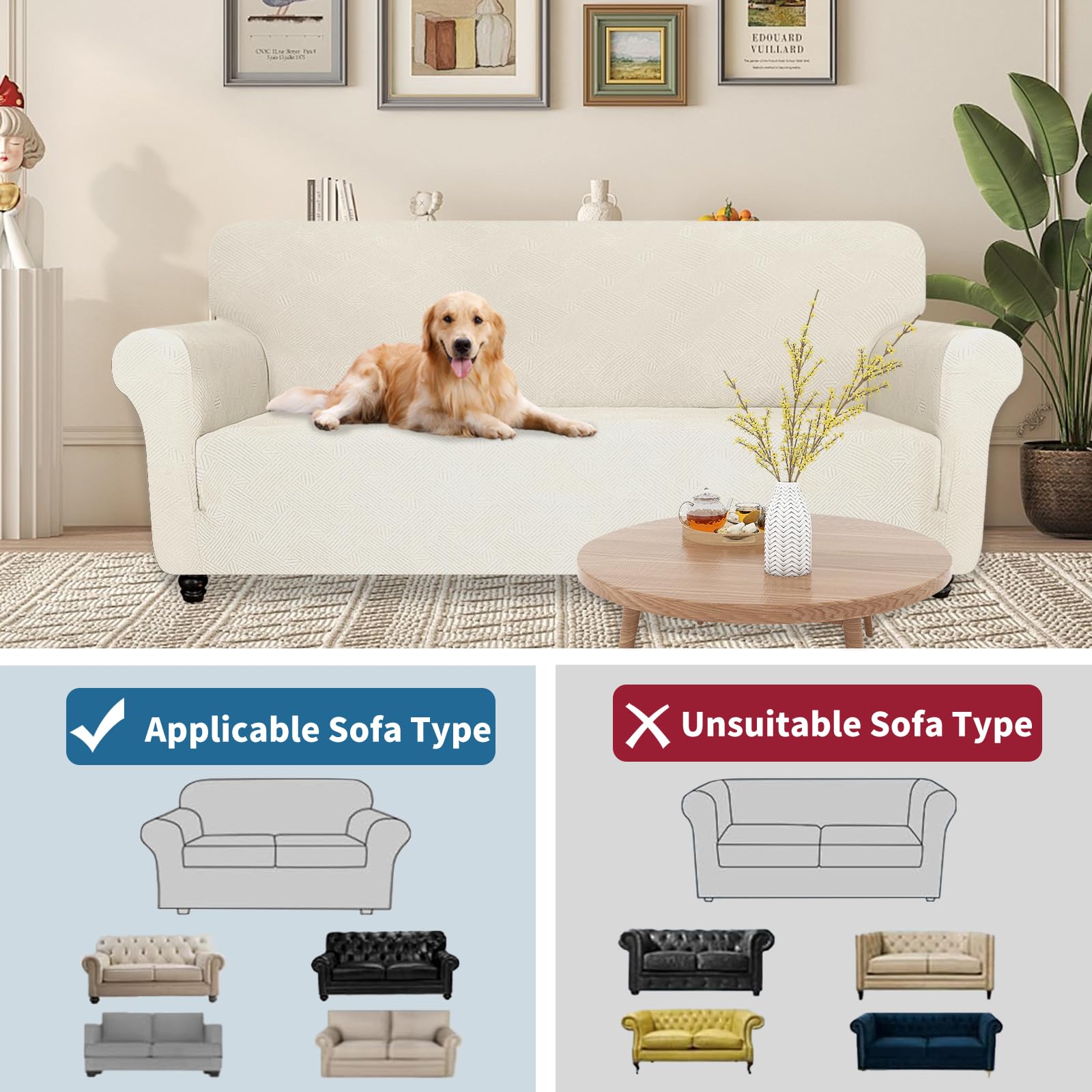 YSTELLAA Copridivano 3 Posti Con Braccioli, Copri Divano Antigraffio Gatto Cani, Copridivani Elasticizzati, Universale Fodera Divano Moderno, Sofa Cover Antiscivolo Antimacchia, Bianco Crema