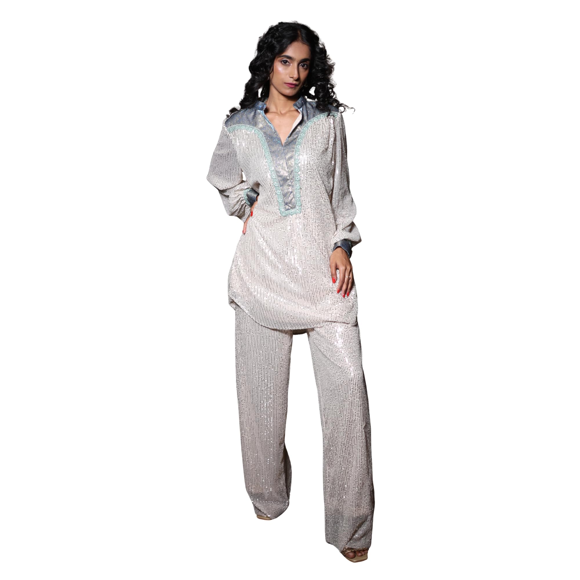 Silver Sequin Embellished Tunic Top with Straight Pants Set, Metallic Grey Collar with Aqua Blue Border, 2-Piece Outfit-picture-27