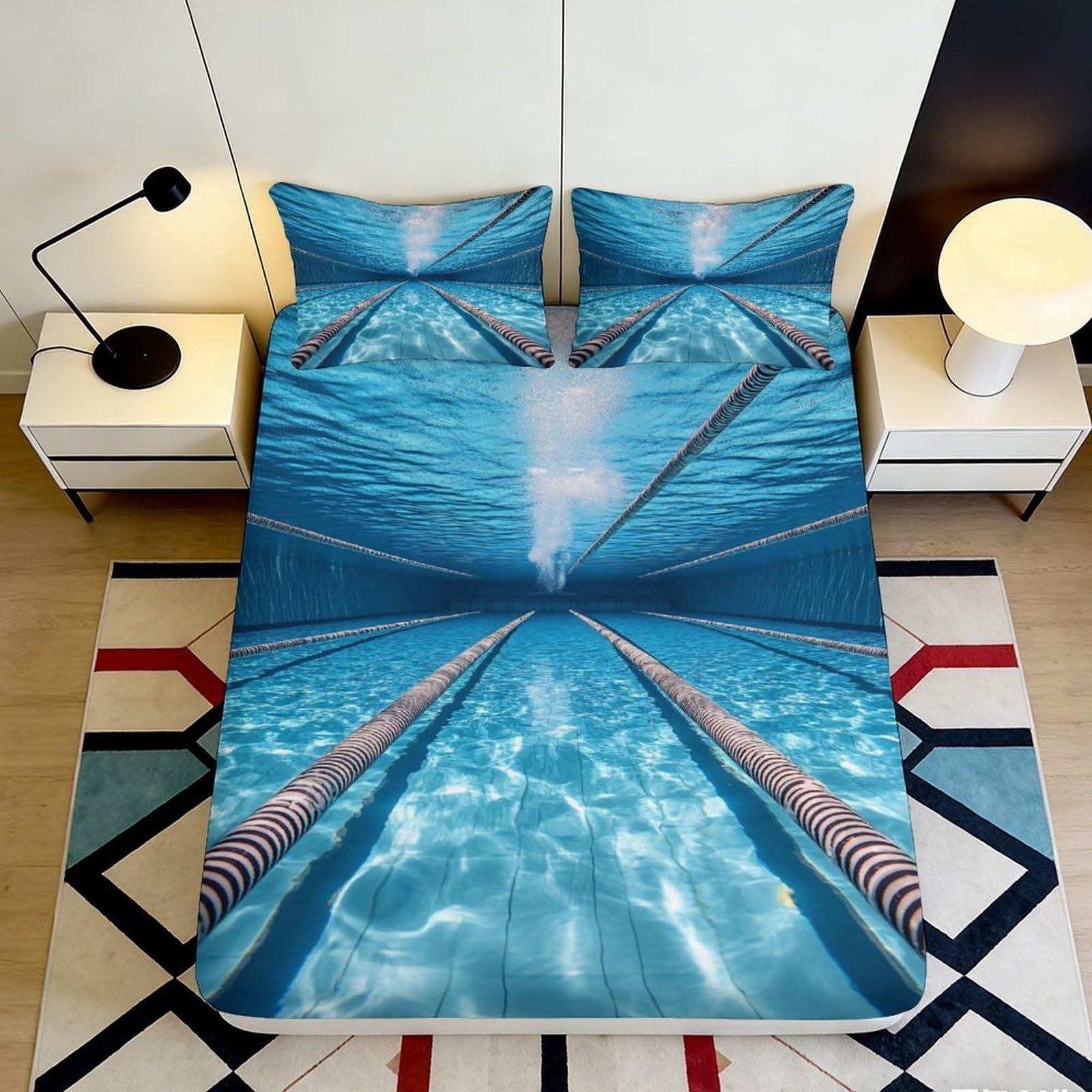 3D Printed Swimming Pool Microfiber Fitted Sheet Deep Pocket Bedroom Non-Slip Swim Mattress Fitted Cover for Adults 90x200x25cm