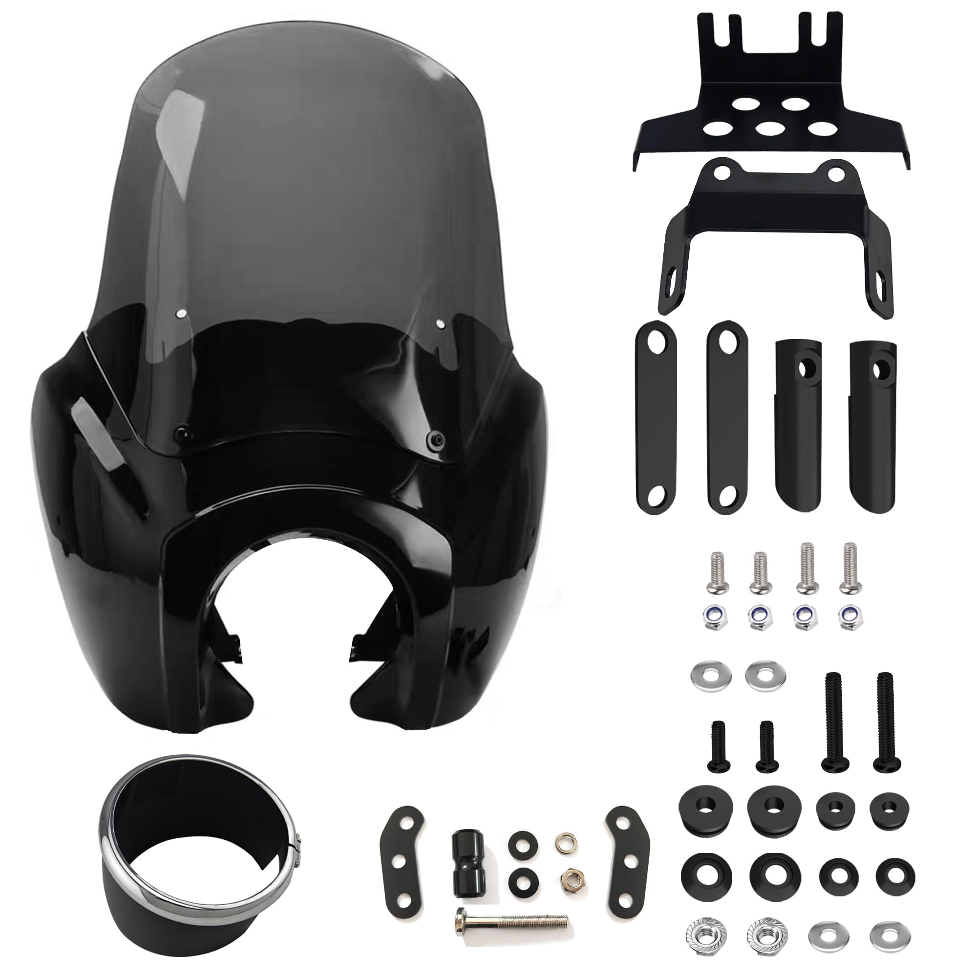 FATECIM Motorcycle 5.75" Headlight Fairing with 15" Smoke Windshield Windscreen &amp; Mounting Kit Headlight Extension Block For Harley Low Rider S FXLRS 2020 2021 2022 2023