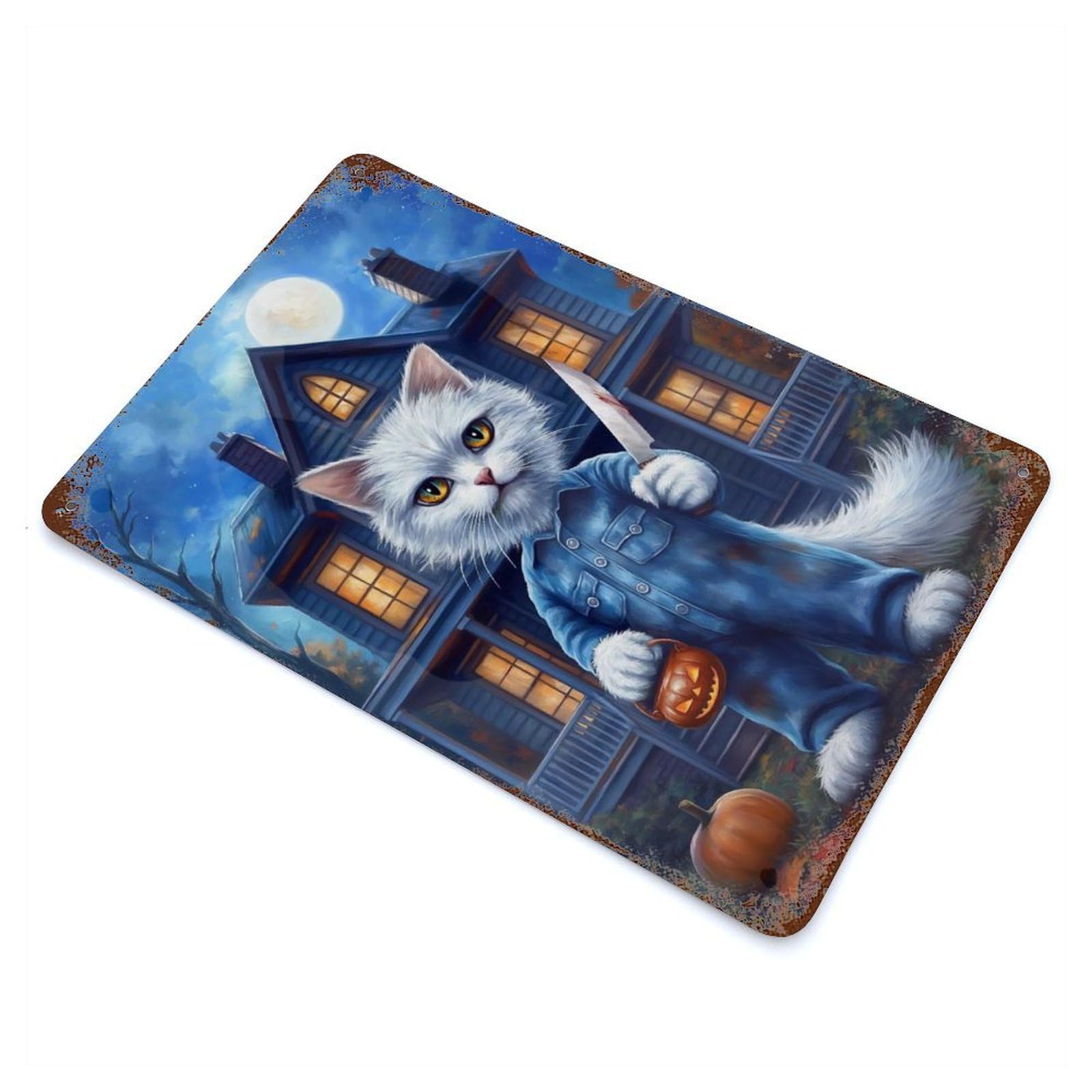 Spooky Cat 11.8"x7.9" Vintage Rust Metal Sign, Shabby Chic Decor for Garage, Bar And Workshop Decor