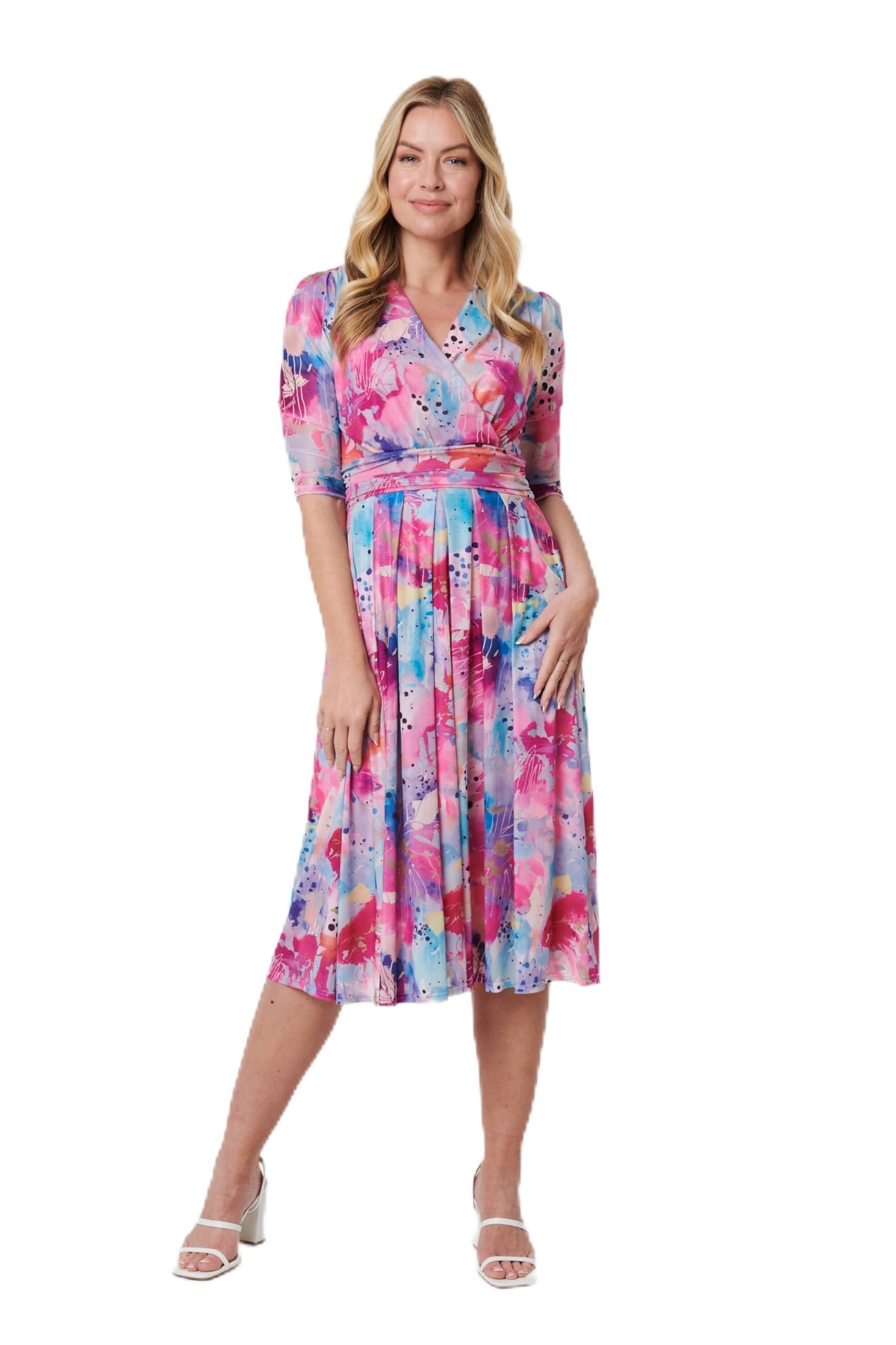 Izabel London Women's Pink1 Printed 3/4 Sleeve Wrap Midi Dress For Uk With A V-Neck, Front Pleats And A Ruched Waist.