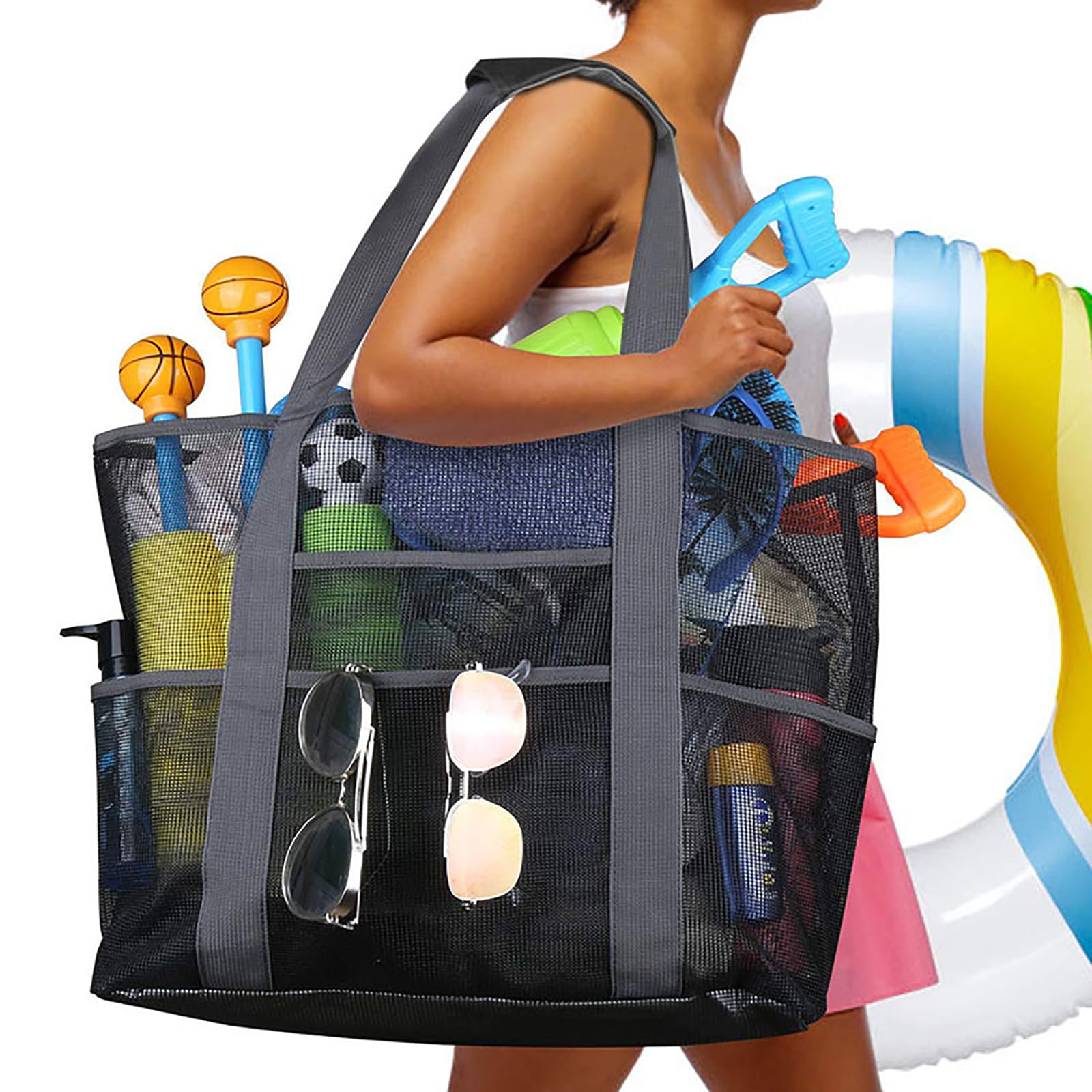 JOSBY Borsa da Spiaggia Extra Large in Rete, Borsa Hobo Pieghevole Riutilizzabile Leggera di Grande capacità con Tasca con Cerniera per Picnic, Vacanze in Piscina, Nuoto