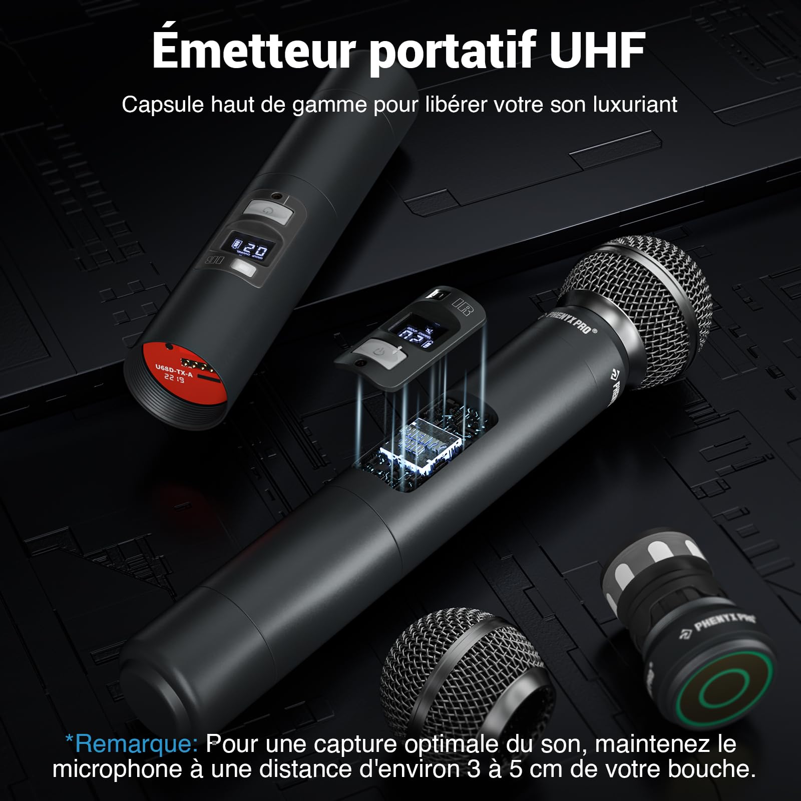 Phenyx Pro Système de Microphones sans Fil UHF 4 Canaux PTU-7000-4H | Auto Scan, 4 Micros main dynamiques, 4 x 40 fréquences, Portée 328 ft, Voix live, Services de culte, Événements karaoké