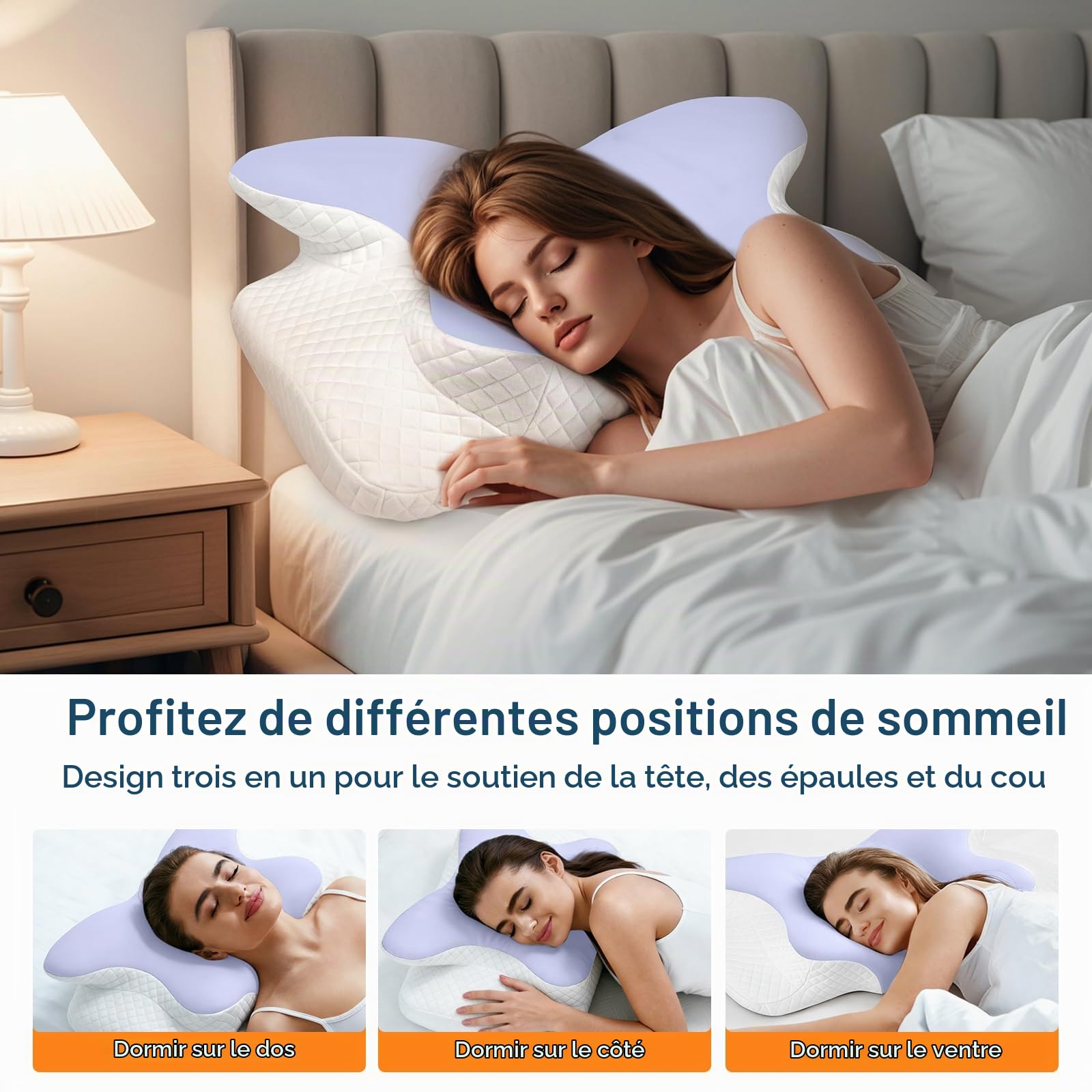 Oreiller Ergonomique Cervical à Mémoire de Forme, 2 en 1 avec Hauteur Réglable, Housse Lavable, Oreiller Memoire Forme Idéal pour Dormir, 62 x 41 x 13/11 cm—Violet Clair