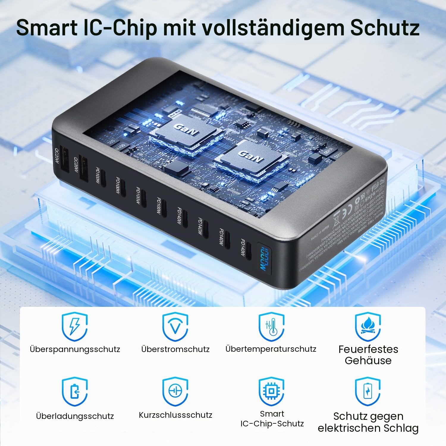 10 in 1 & 1000W USB C Ladegerät Mehrfach GaN 4 Max PD140W/100W QC20W Laptop Schnellladegerät Ladestation (8C+2A)