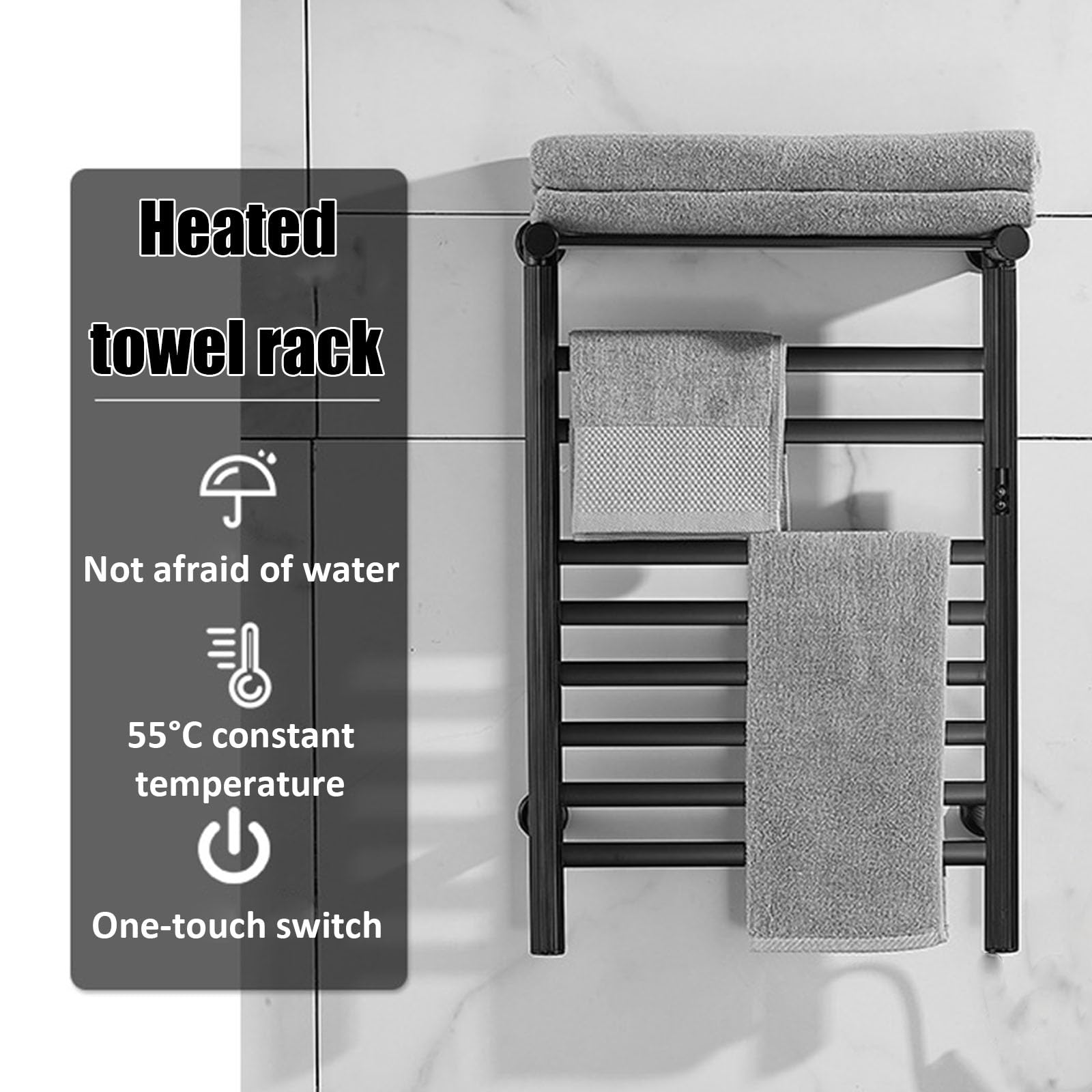 Aluminiowy podgrzewany wieszak na ręczniki z timerem i regulacją temperatury montowany na ścianie łazienkowy wieszak do suszenia ręczników z górną półką czarna lewa linia design dla wydajnego suszenia