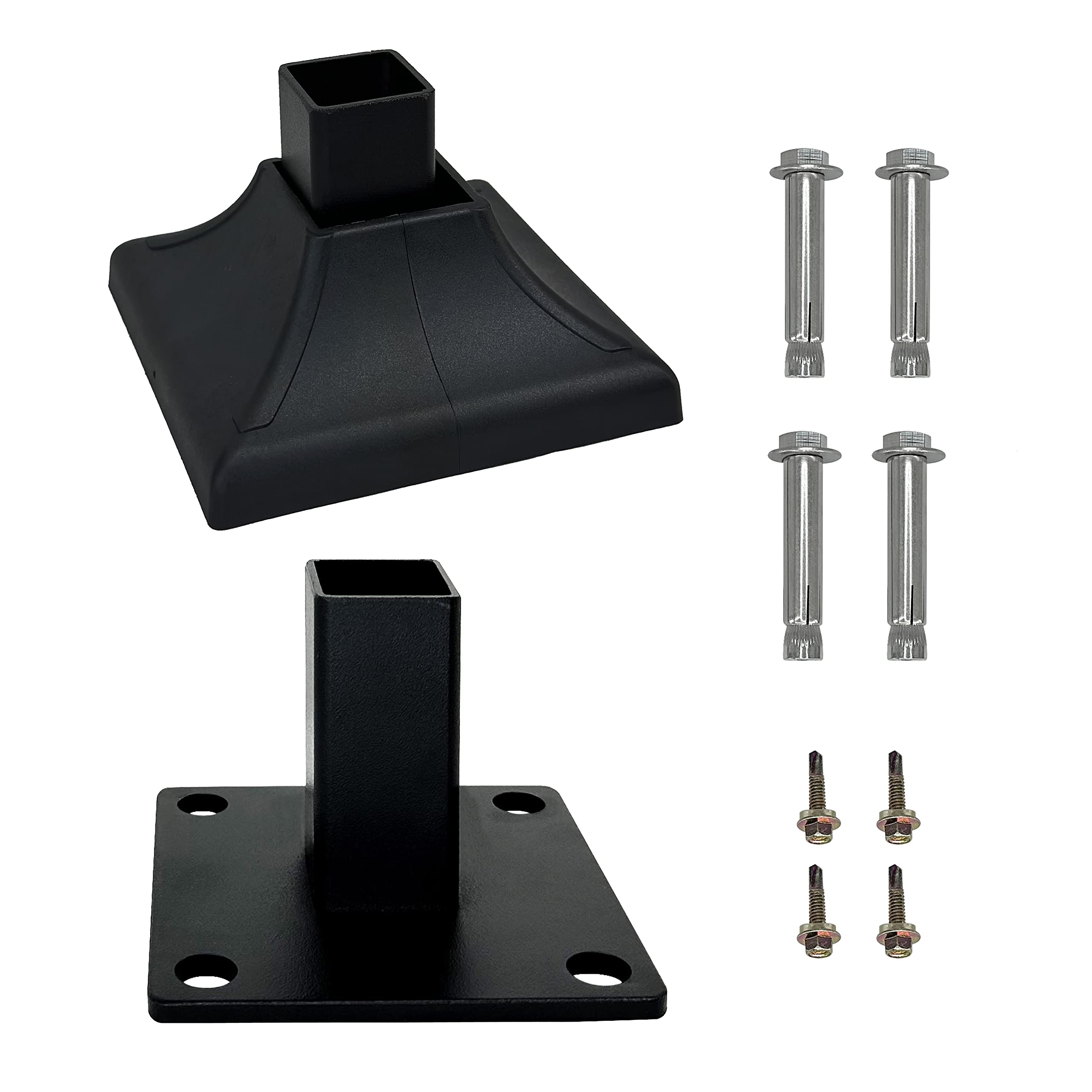 Rockwill Premium Heavy Duty Steel Fence Base Flange Kit for 1.5 Inch Square Posts Complete Set with 1 Base, 1 Interlocking Cover, 4 Anchor Bolts, 4 Tapping Screws (1.5 Inch, 4-Pack)