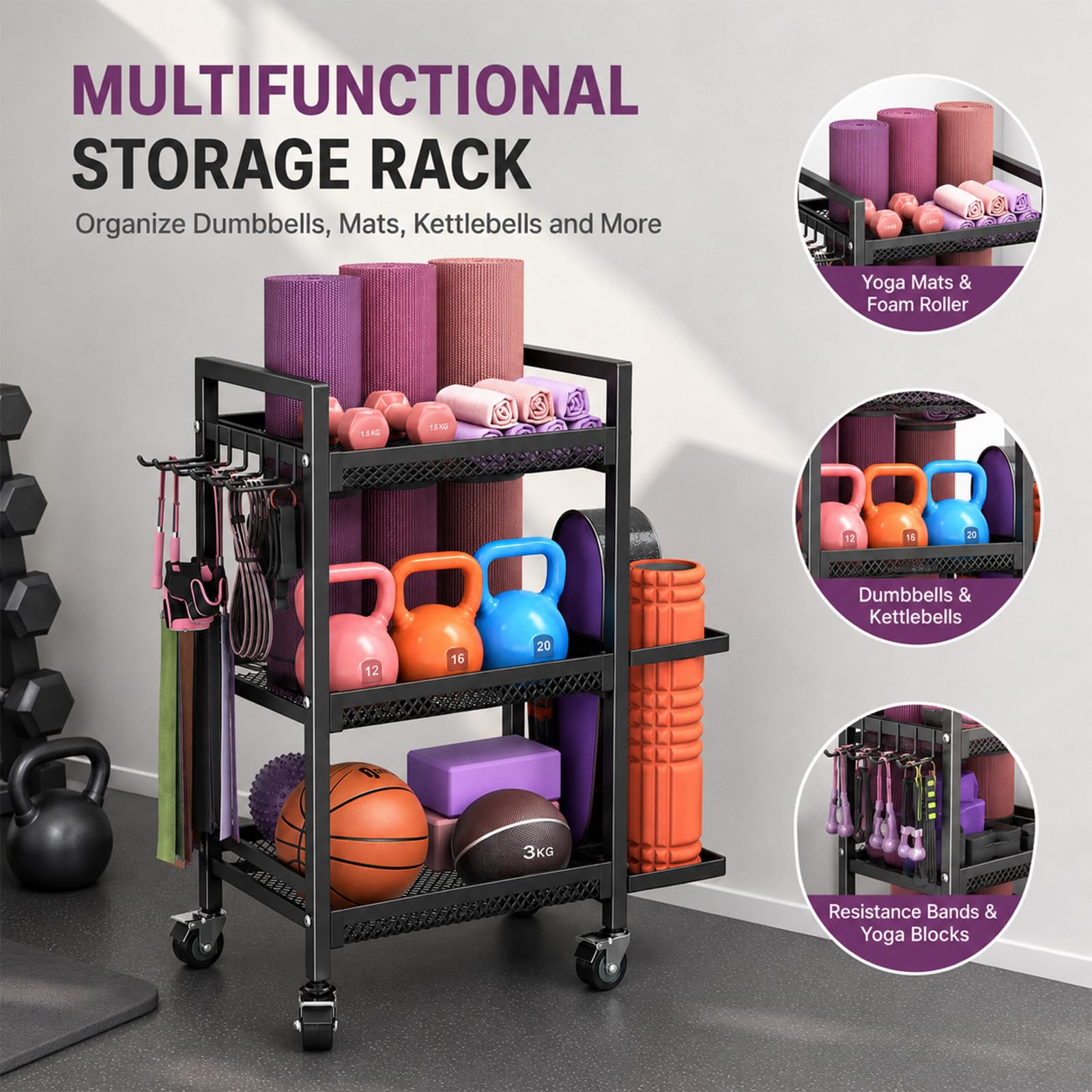 Soporte de pesas para gimnasio en casa, con ruedas, 3 niveles | Esterilla de yoga, estantería y bandeja para pesas, pesas rusas, rollo de fascia, organizador de equipos deportivos de acero