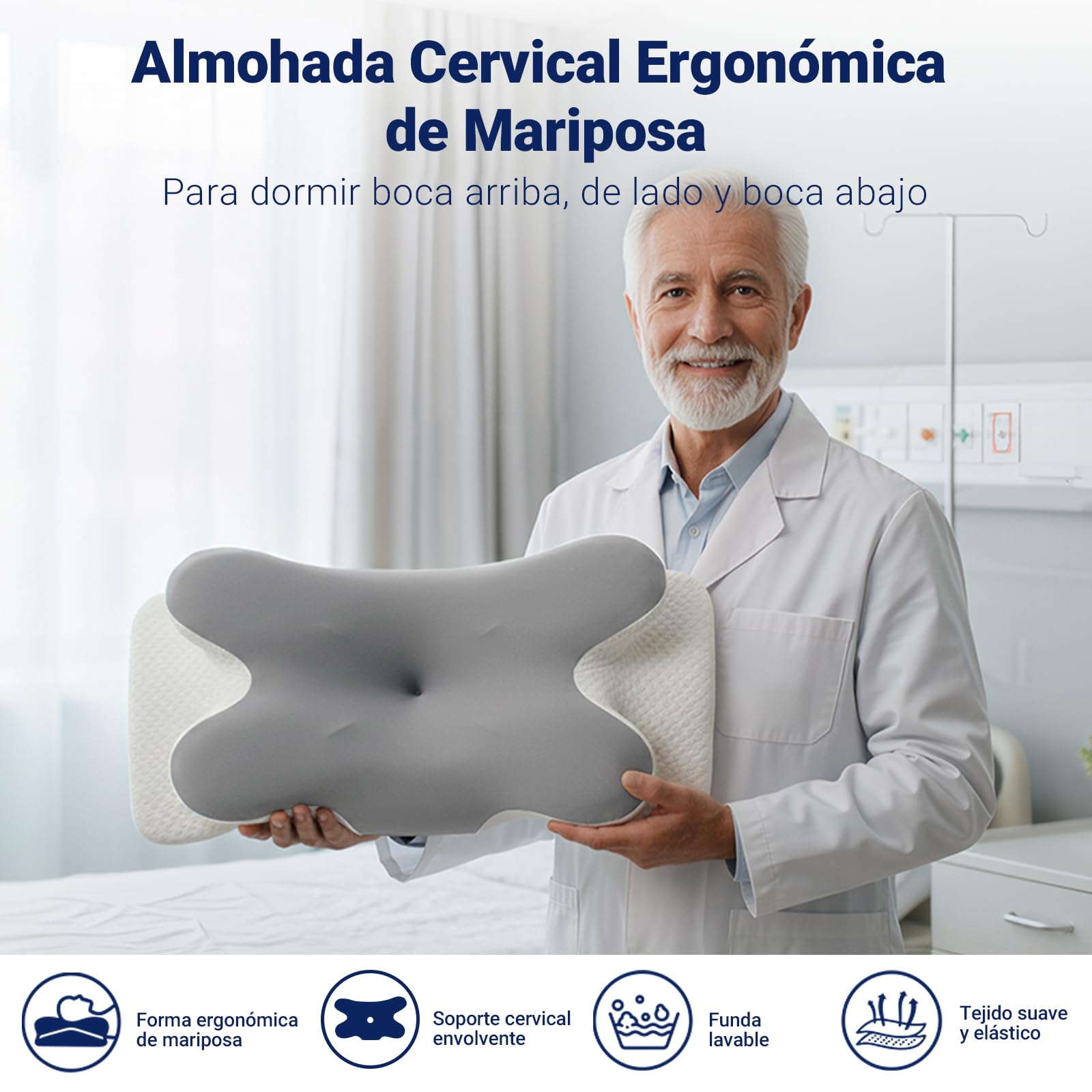 COSYLAND Almohada Cervicales y Cuello - Espuma Viscoelástica, Diseño Mariposa con Soporte Ergonómico y Transpirable, para Dormir de Lado, Boca Arriba y Boca Abajo, 63 x 34 x 11/13 cm, Gris