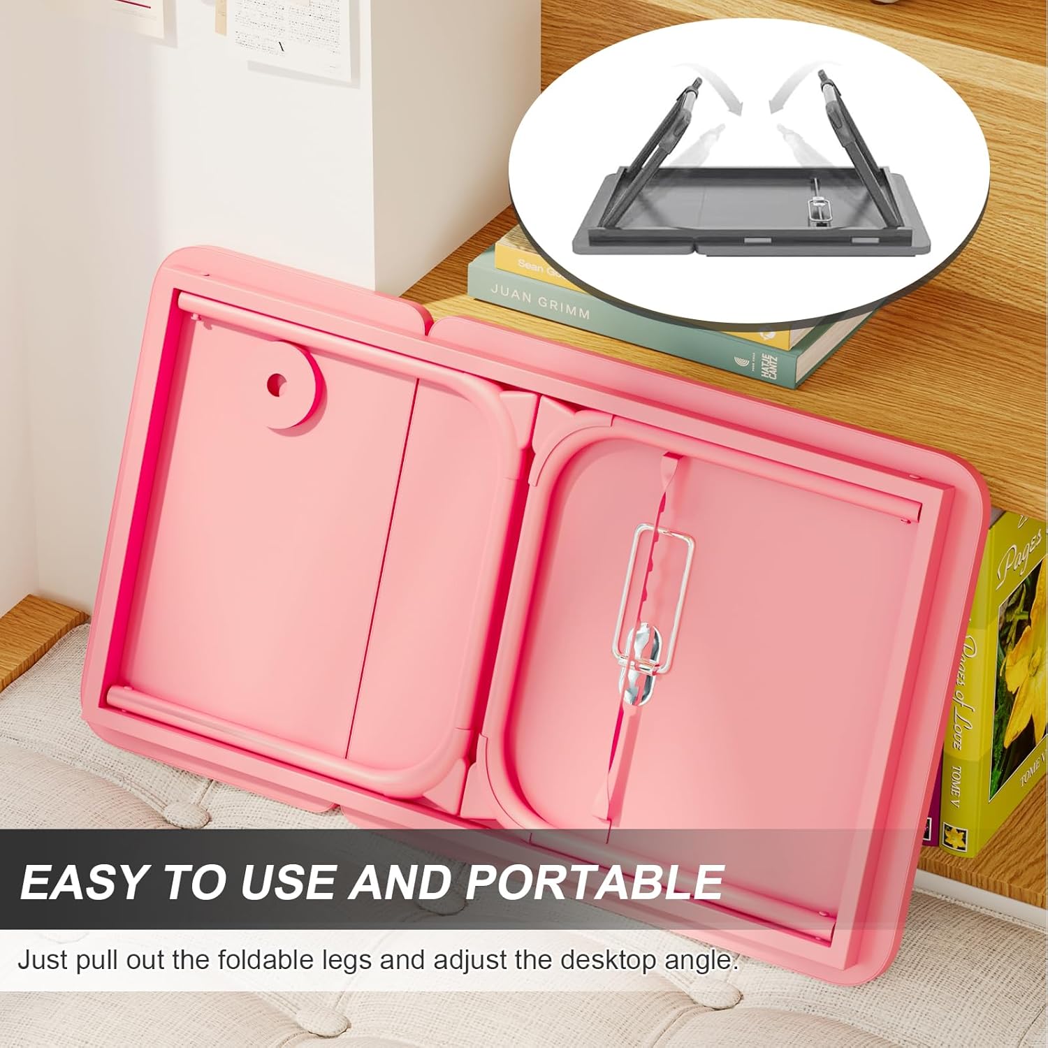 Laptop Desk for Bed, Adjustable Laptop Stand with 5 Different Angles, Portable Lap Tray Table with USB Charge Port and Cup Holder, Laptop Bed Desk Tray for Eating Working Writing (Pink)