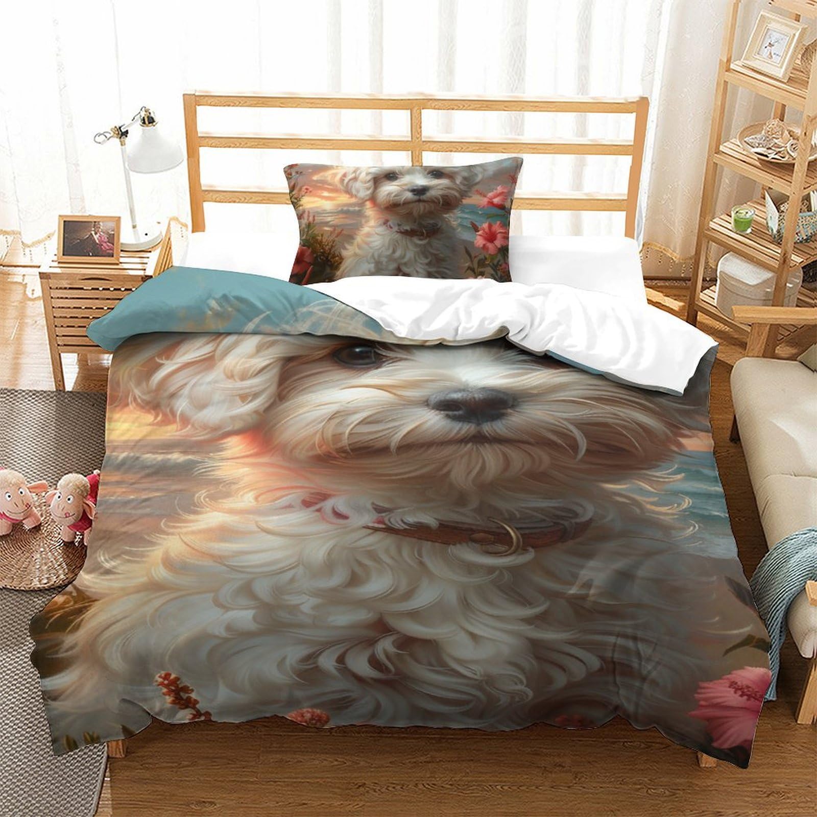 Parure de couette chien 3D en microfibres 135x200cm avec taie d'oreiller pour lit simple