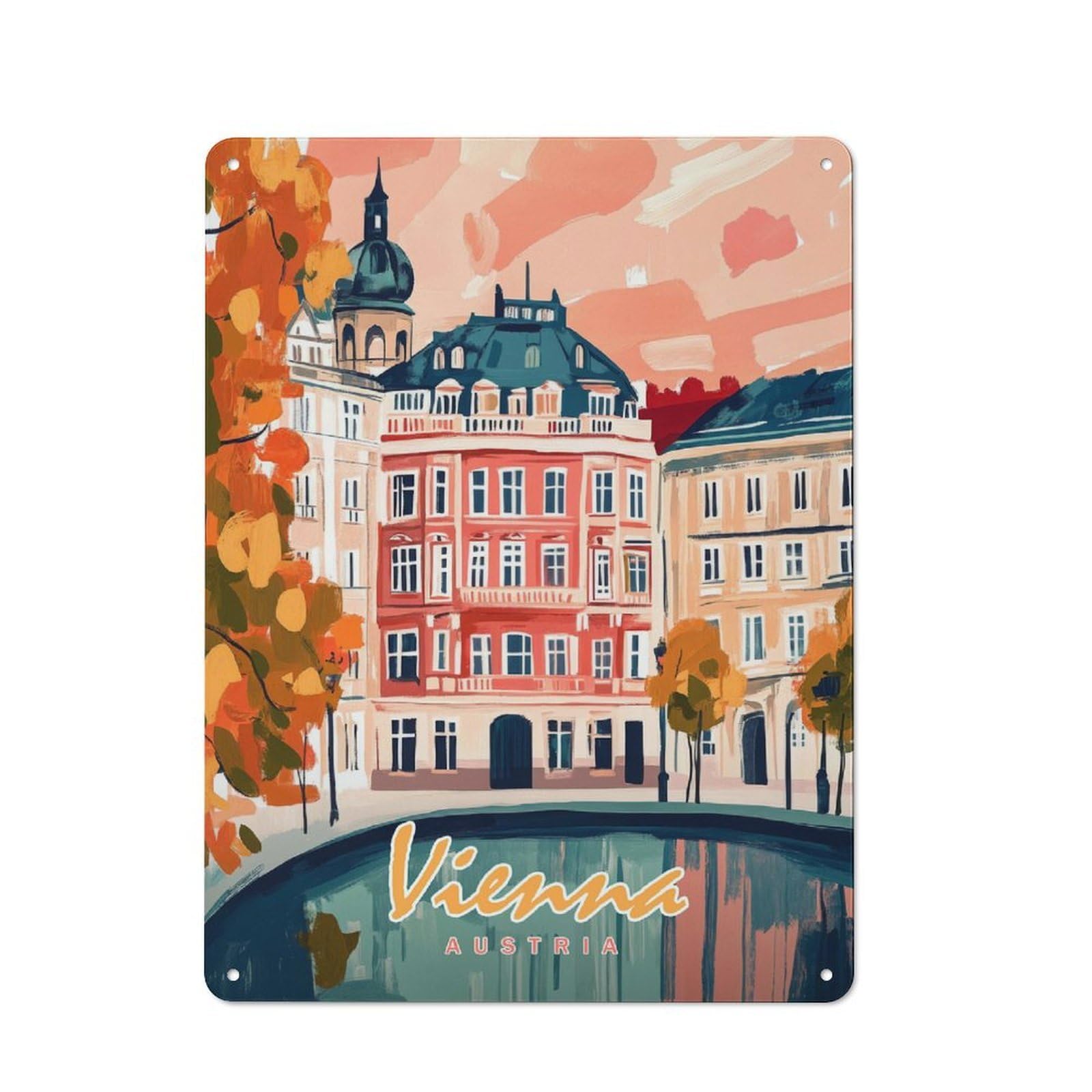 Junmoney Style-21 Vienna Cityscape Painting Retro Tin Sign 40X30cm For Café Or Restaurant, Housewarming Wall Decor For People Furnishing Café And Restaurant