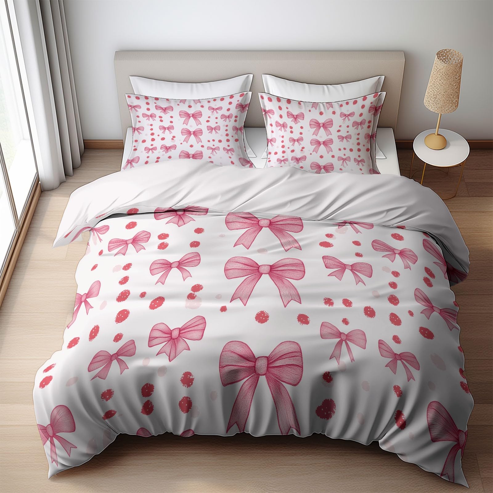 White Bedding Sets Cartoon Cute Bow Pink Print Duvet Cover Set, Comforter Cover Full Size Soft Breathable Reversible 3-Piece Bedding for Kids Teens