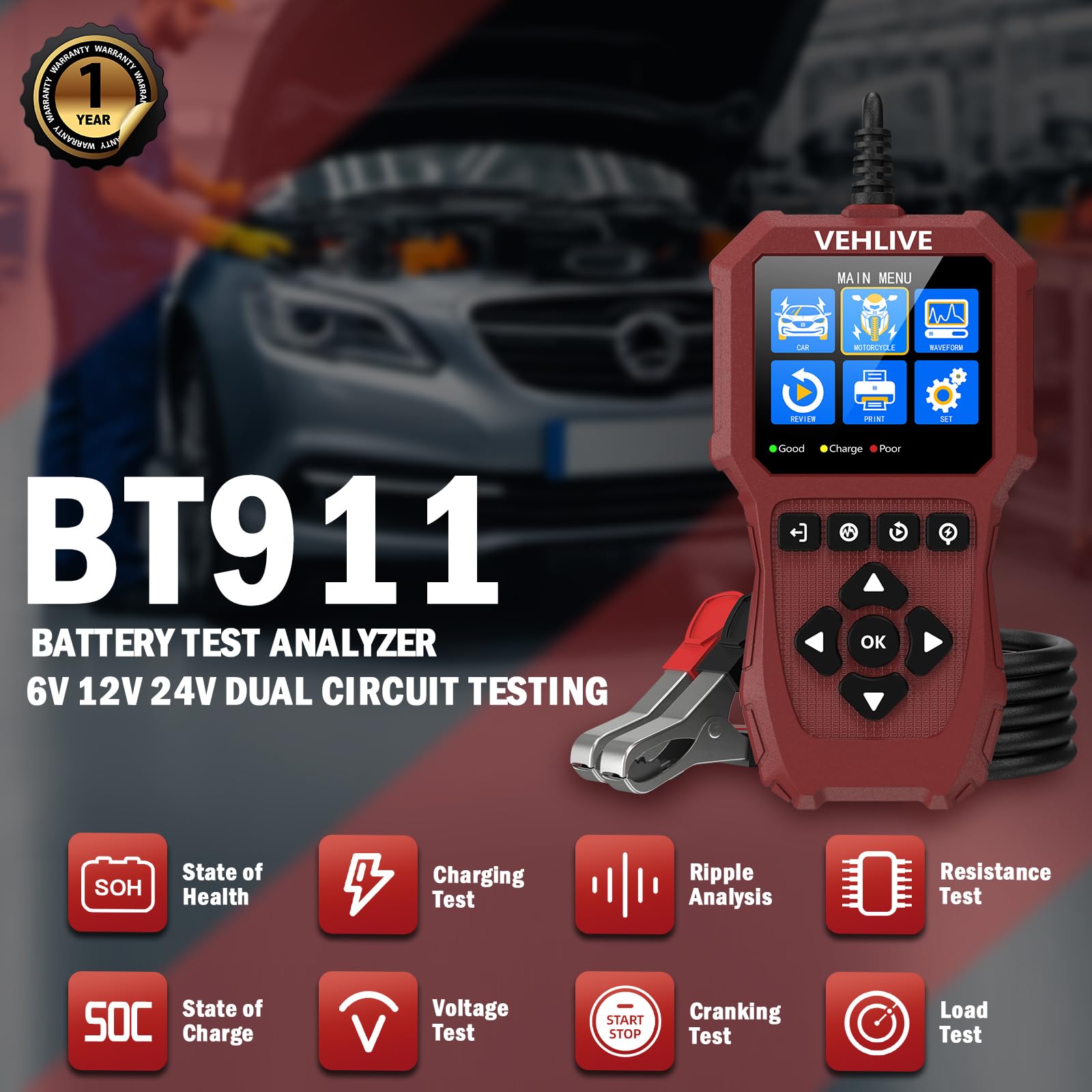 Comprobador de batería de coche de 6 V, 12 V, 24 V, con prueba de batería de litio, BT911 5-3000CCA para coche, 12 V y 24 V, doble circuito, comprobador de carga/alternador, cargador y arranque para