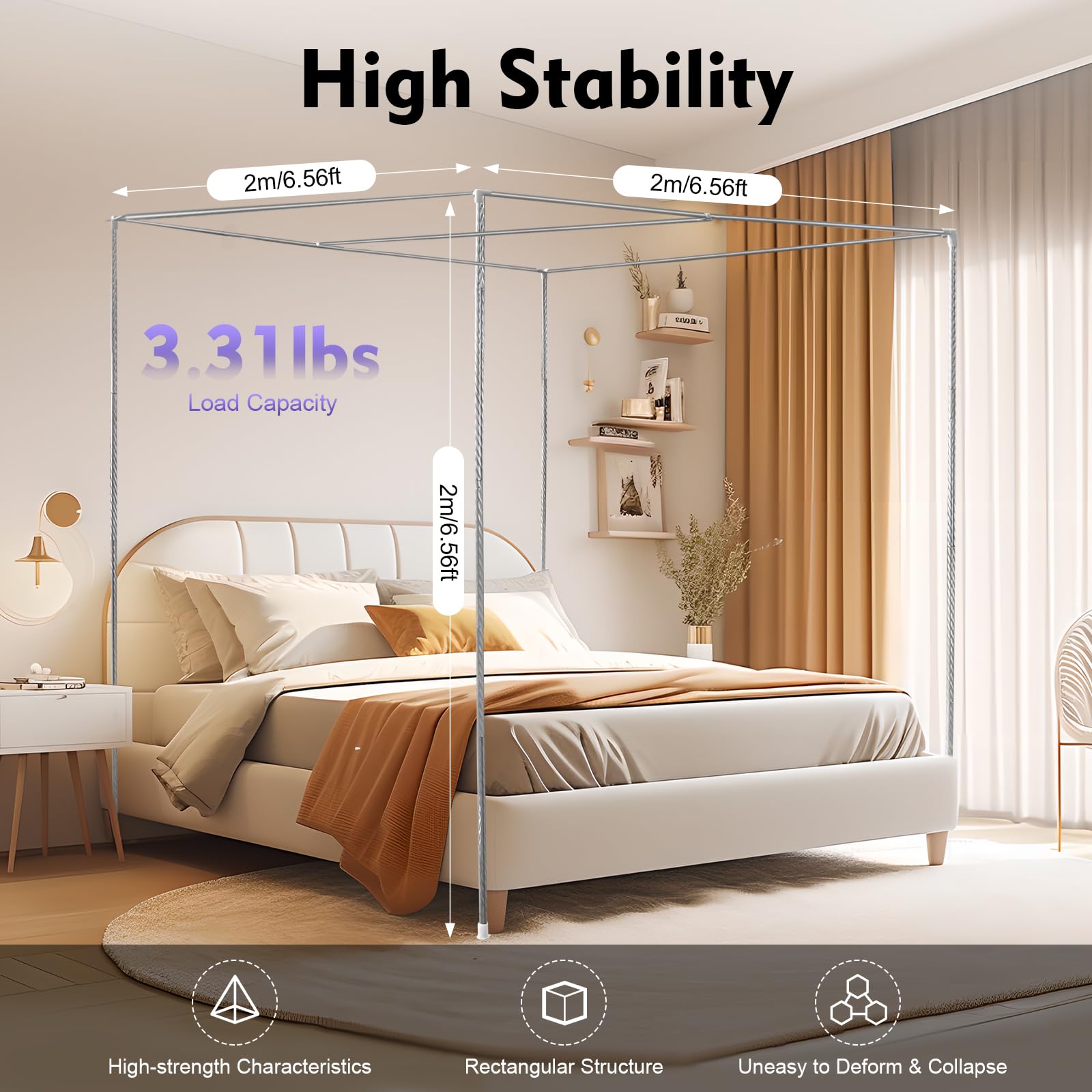 CeRaBuRET Silver Canopy Bed Frame Mosquito Net Support, Stainless Steel Bed Mosquito Netting Canopy Frame Fit for 4.92ft and 5.91ft Bed Different Mosquito Nets (2 * 2 * 2m)