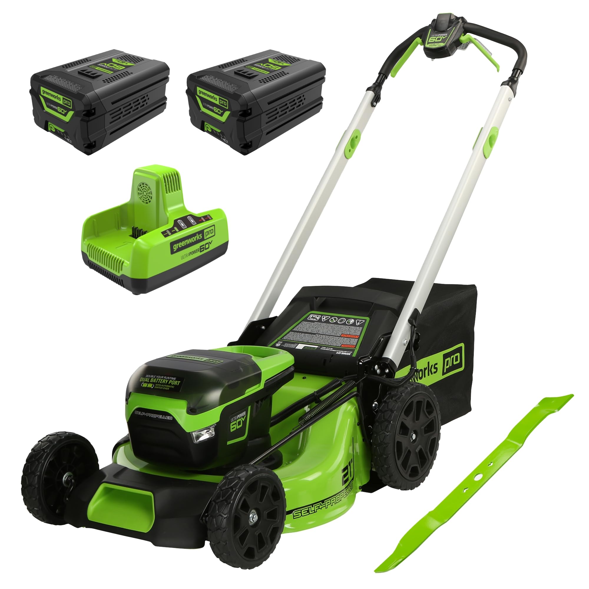 Greenworks 60V 53.3cm(21인치) 브러시리스 자체 추진 무선 잔디 깎는 기계, 4.0Ah 배터리 2개(3/4에이커, 고속 충전기, 4-in-1, LED 조명, IPX4), 추가 잔디깎이 블레이드