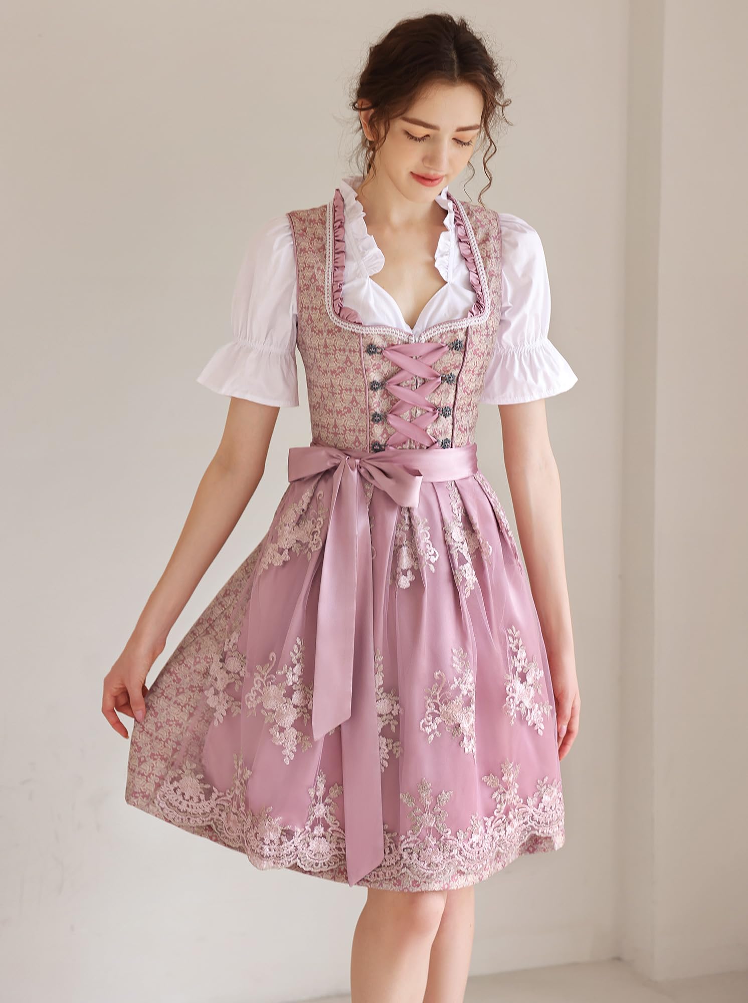 EIISSION Dirndl da Donna Midi in Esclusiva Collezione con Grembiule Rosa