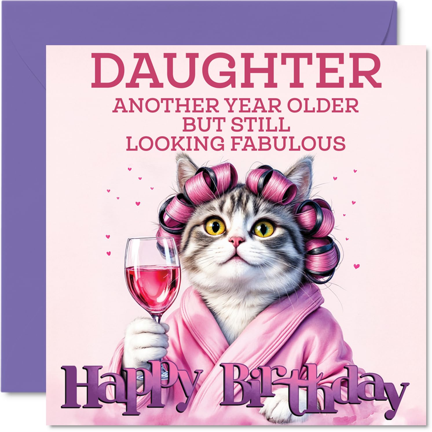 Daughter Birthday Card - Curler Cat - Happy Birthday Card for Daughter from Dad Mum, 145mm Curler Cat Bday Greeting Cards