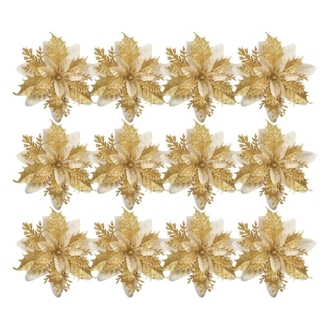 Christmas Poinsettia Flowers Artificial Glitter Poinsettia Bushes Xmas Tree Decorations Golden 12PCS Christmas Flowers Golden Decorations Artificial