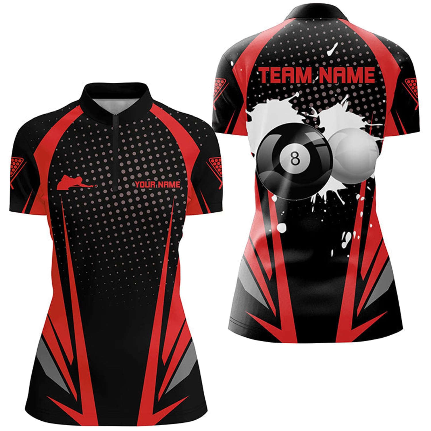 Personalized Paint Billiard Balls Black Red 3D Quarter Zip Shirts for Women 8 Ball Billiards Jerseys V1089