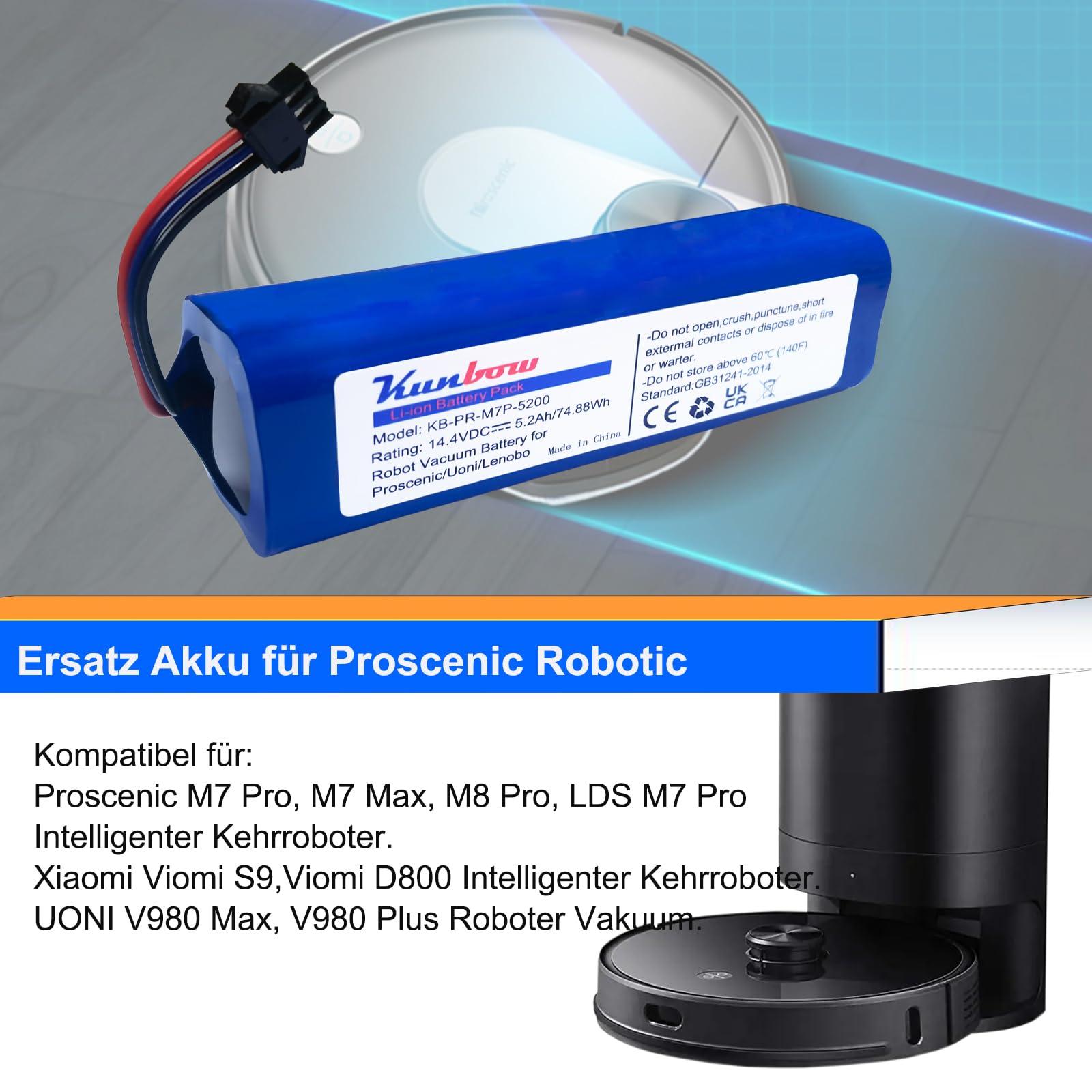 Batteria agli ioni di litio da 5200 mAh per Proscenic M7 Pro, LDS M7 Pro, M8 Pro, M7 Max, U6, Xiaomi Viomi S9, Viomi D800, Lenovo LR1, UONI V980 Max, V980 Plus (14,4 V/74,88 Wh)