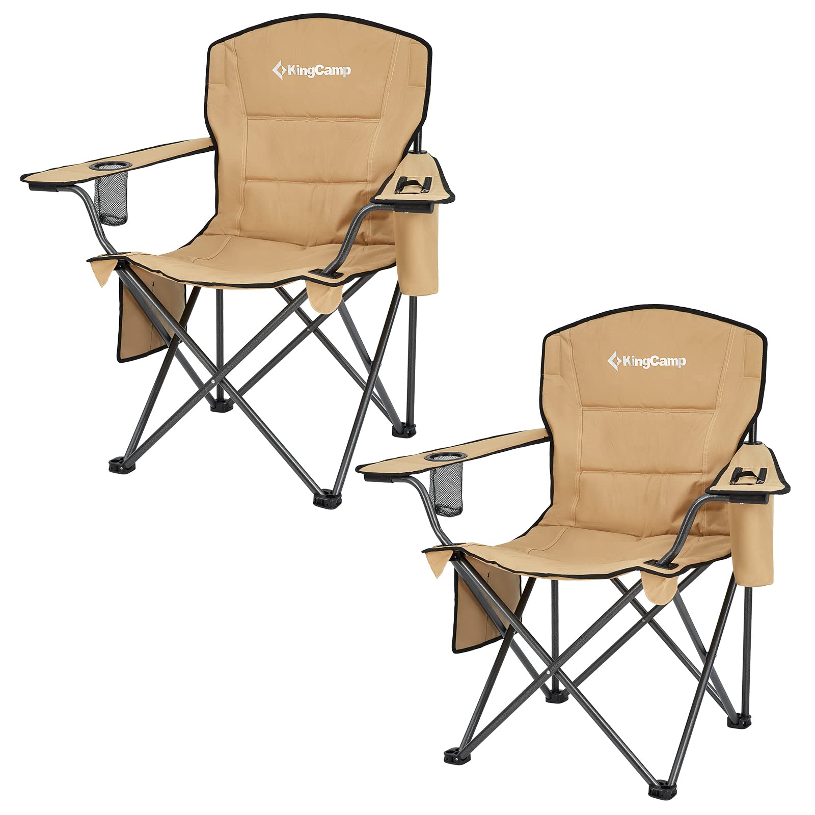 KingCamp Padded Portable Outdoor Folding Lounge Chairs with Built-In Cupholder, Insulated Cooler Sleeve, and Side Storage Pocket, Khaki (2 Pack)