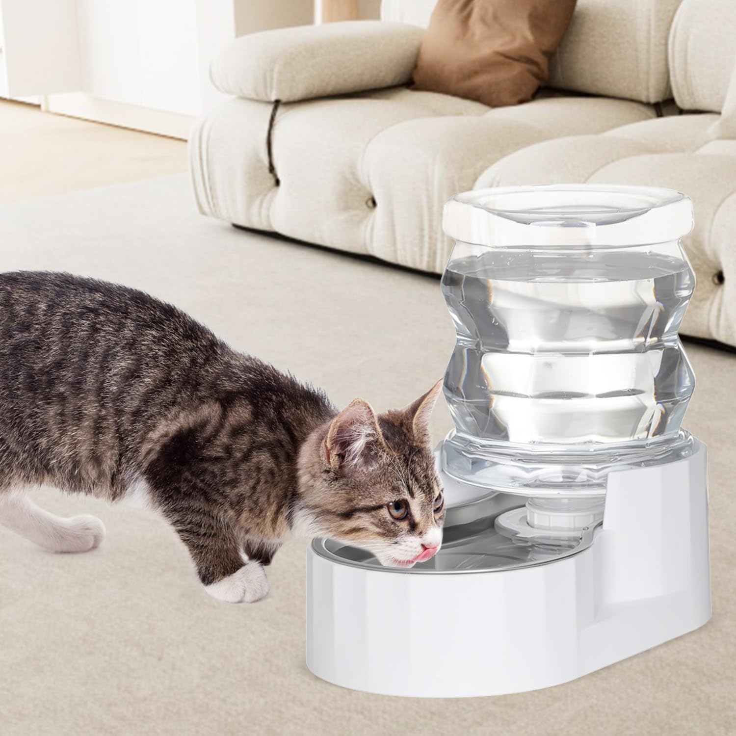 Sfozstra Automatischer Schwerkraft-Wasserspender für Hunde: Weiß Edelstahl-Napf 4 L mit Aktivkohle-Ionenaustauschsystem – für Küche & Garage – hilft zur Vorbeugung von Harnsteinen