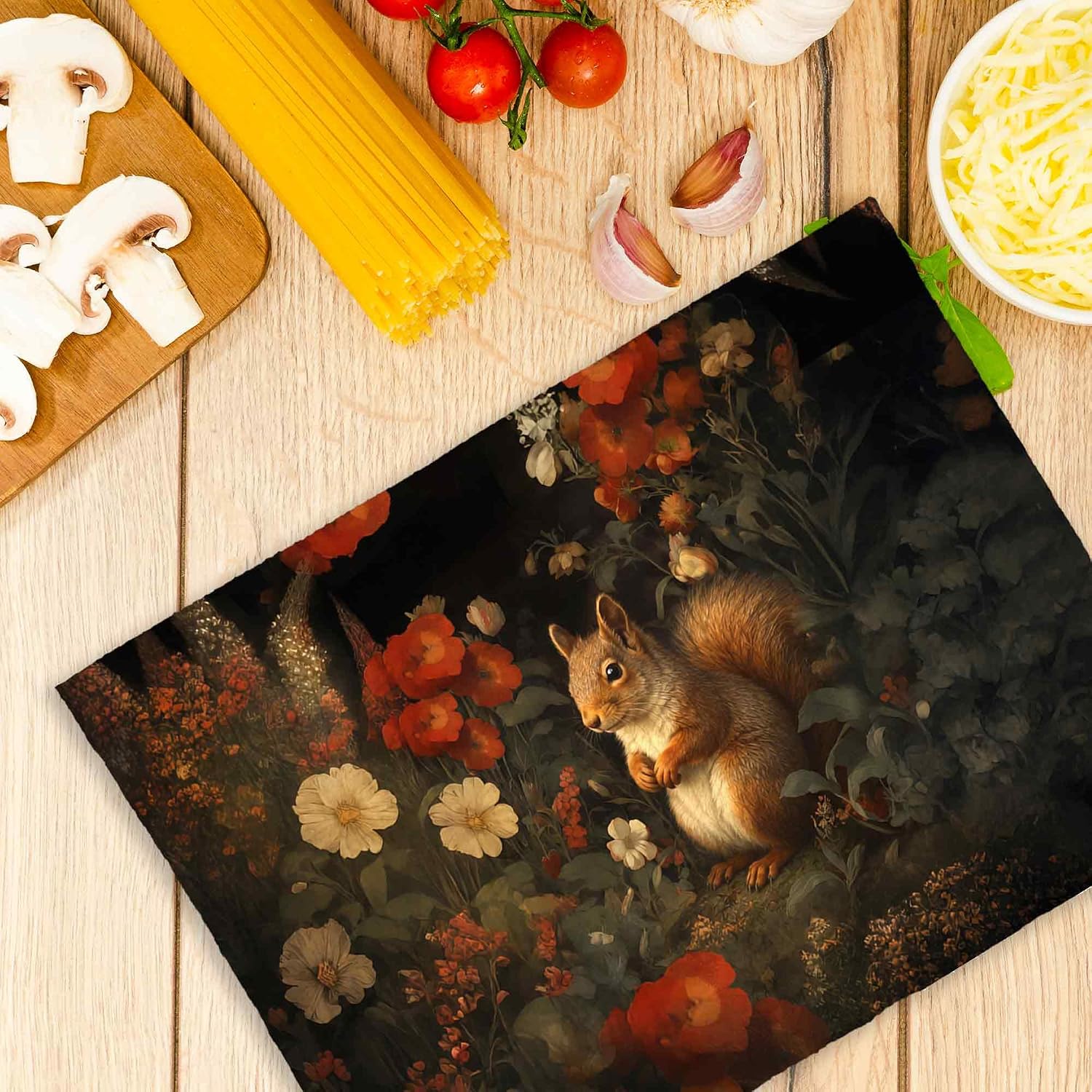 Squirrel Floral Fall Dark Kitchen Hand Towels 16x24in