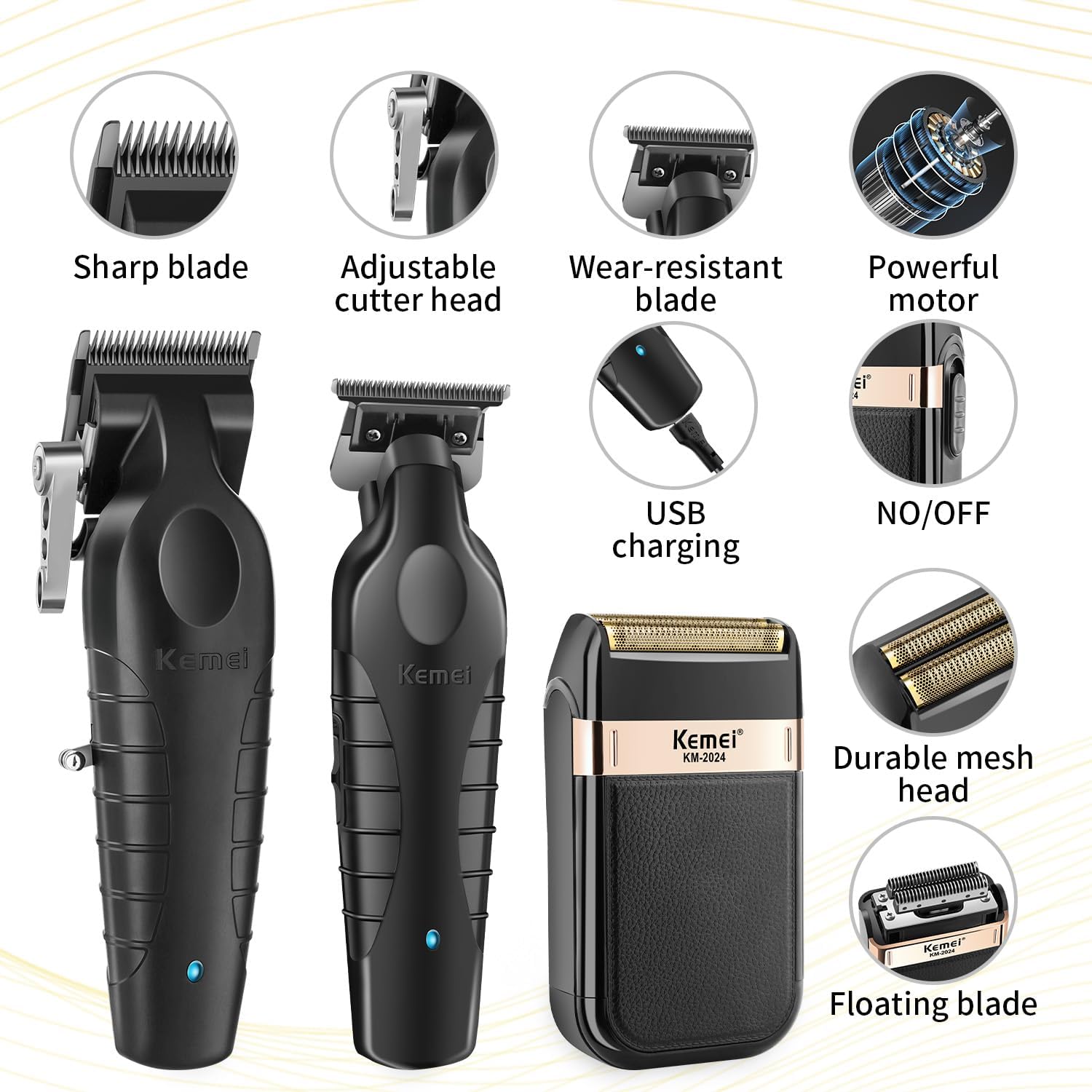 KEMEI Professional Hair Clippers, Beard Trimmers, Electric Shaver Set for Men, Cordless Barber Clipper Beard Trimmer, Rechargeable Fade Clipper Haircutting Kit, KM-2299, KM-2296, KM-2024 - Image 2