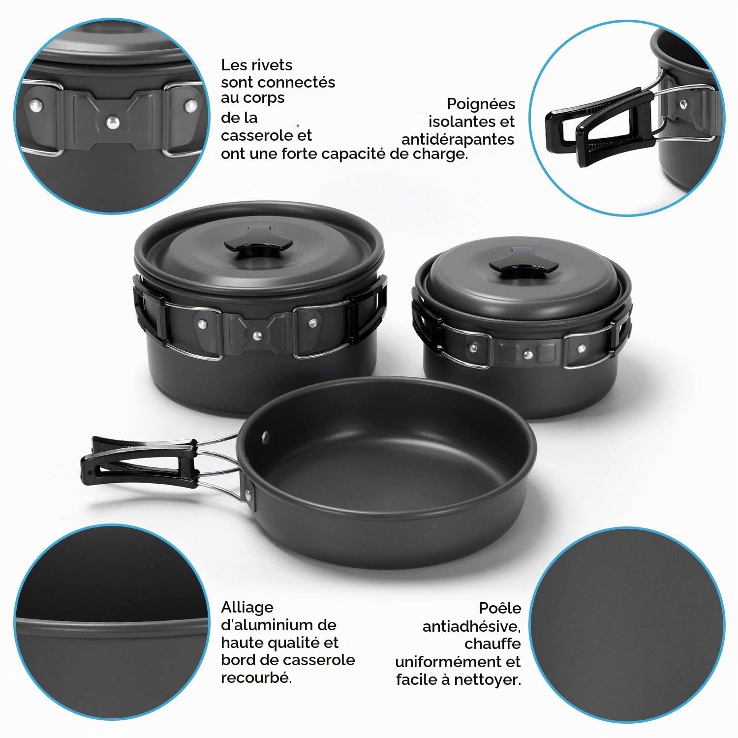 Odoland Lot de casseroles de Camping avec casseroles et poêle à Couverts pliants, crevettes pour 1 à 2 Personnes légères et compactes pour Camping, randonnée, Pique-Nique, randonnée