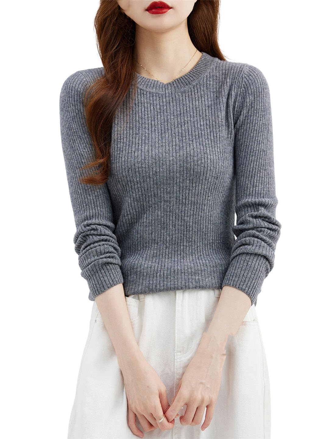 Vogrtcc Maglione Girocollo da Donna 1Wool Autunno Inverno Top Basic Maglioni Lavorati A Maniche Lunghe