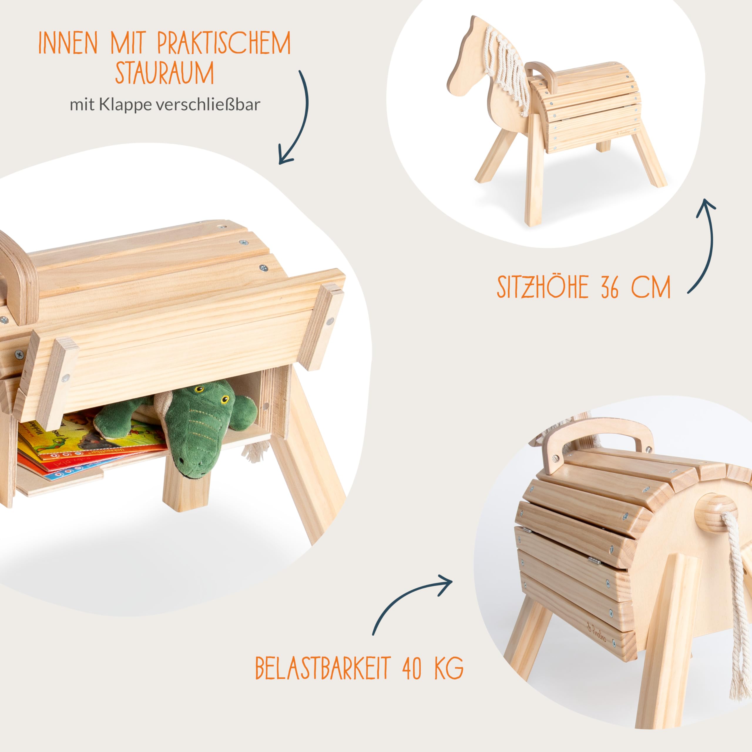 PINOLINO Holzpferd Nelli, Spielpferd aus Birke & Fichte, klar lackiert, Reitpferd mit Stauraum, Holzpony mit Mähne aus Baumwolle, 70x33x55 cm, fürs Kinderzimmer, bis 40 kg, für Kinder ab 2 Jahren,