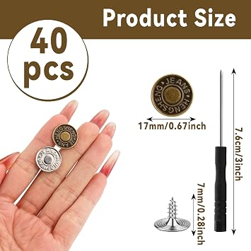 rietegio 40Pcs Jean Buttons 17mm No Sew Metal Button Jeans Buttons Replacement Adjustable Jean Button Pins with Screwdriver Waist Tightener Clips for Jackets Clothes Denim Skirt Clothing Repairing