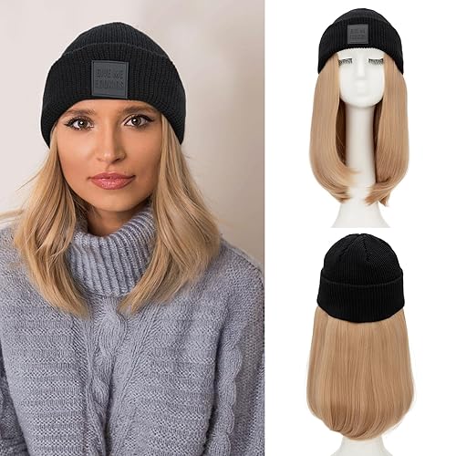S-noilite Beanie Wig Hair Extensions,Ash Blonde Short Straight Hair Extensions