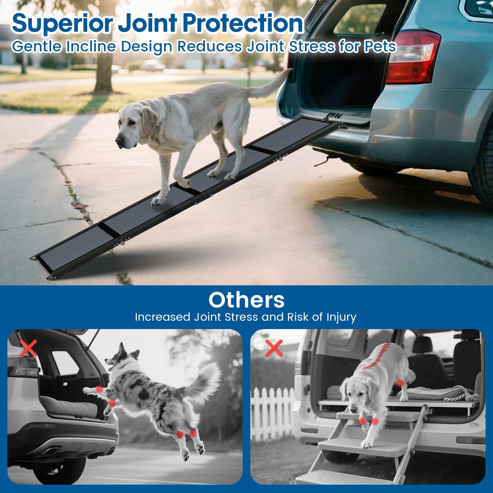 HBTower 71" Long & 17.3" Wide Folding Dog Ramp for Car, SUV & Truck – Portable Pet Ramp with Non-Slip Surface, Extra Wide Steps for Large Dogs Up to 250LBS - image 5