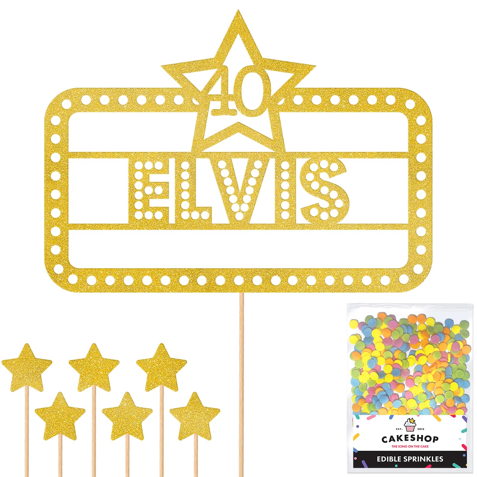 Personalised Happy Birthday Glitter Cake Topper - Gold Any Name & Age in Lights Glitter Cake Decoration and Sprinkles - Happy Birthday Decorations - Personalised Toppers for Cakes by Cakeshop