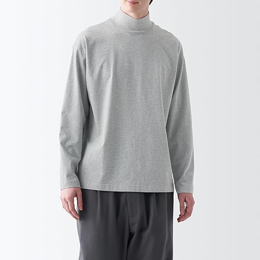 Brushed Cotton Long Sleeve Mock Neck T-Shirt: Grey