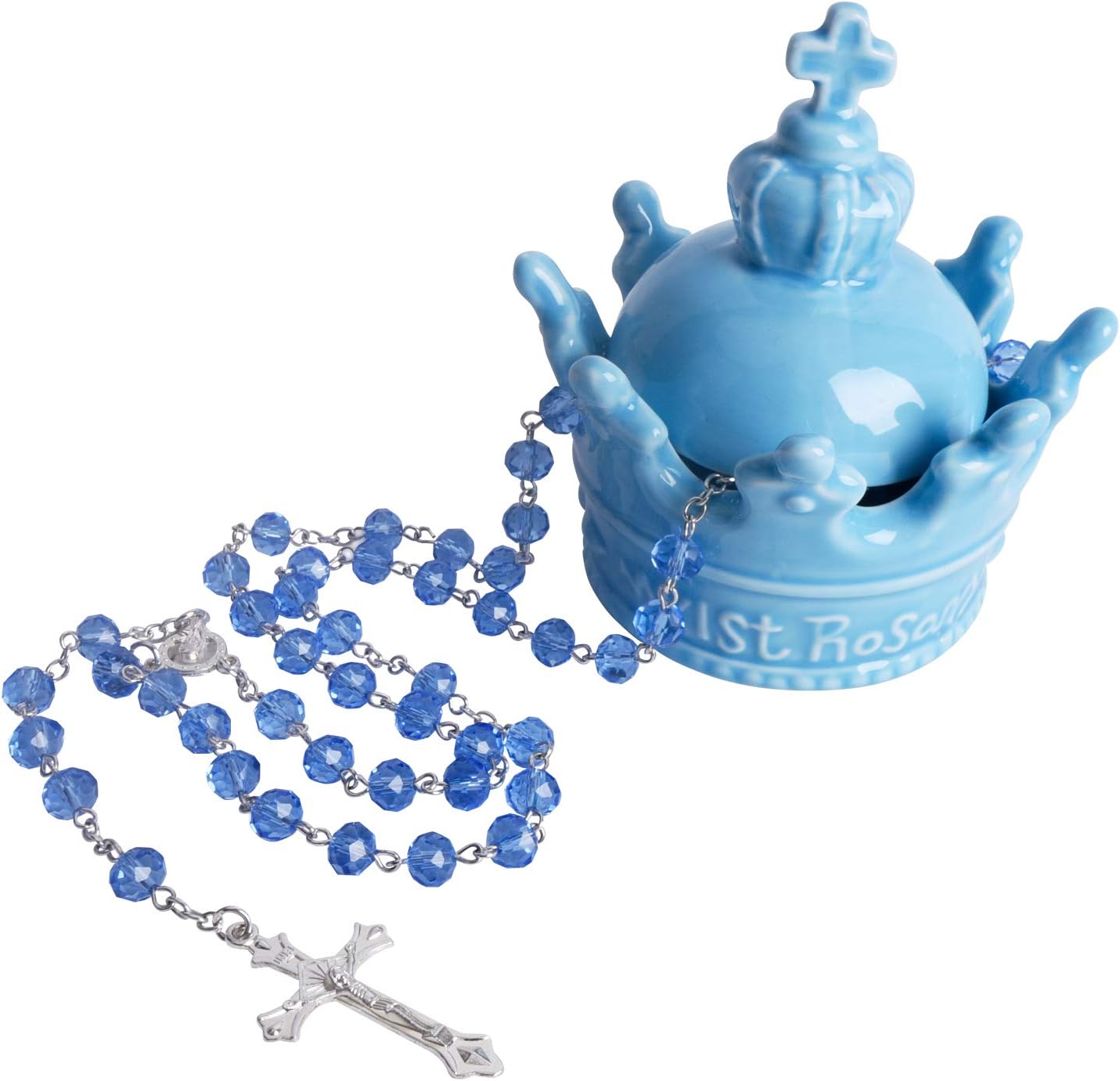 VencerCeramic Keepsake Box, My First Rosary Cross for Boy Gift,Blue,VBK-002B