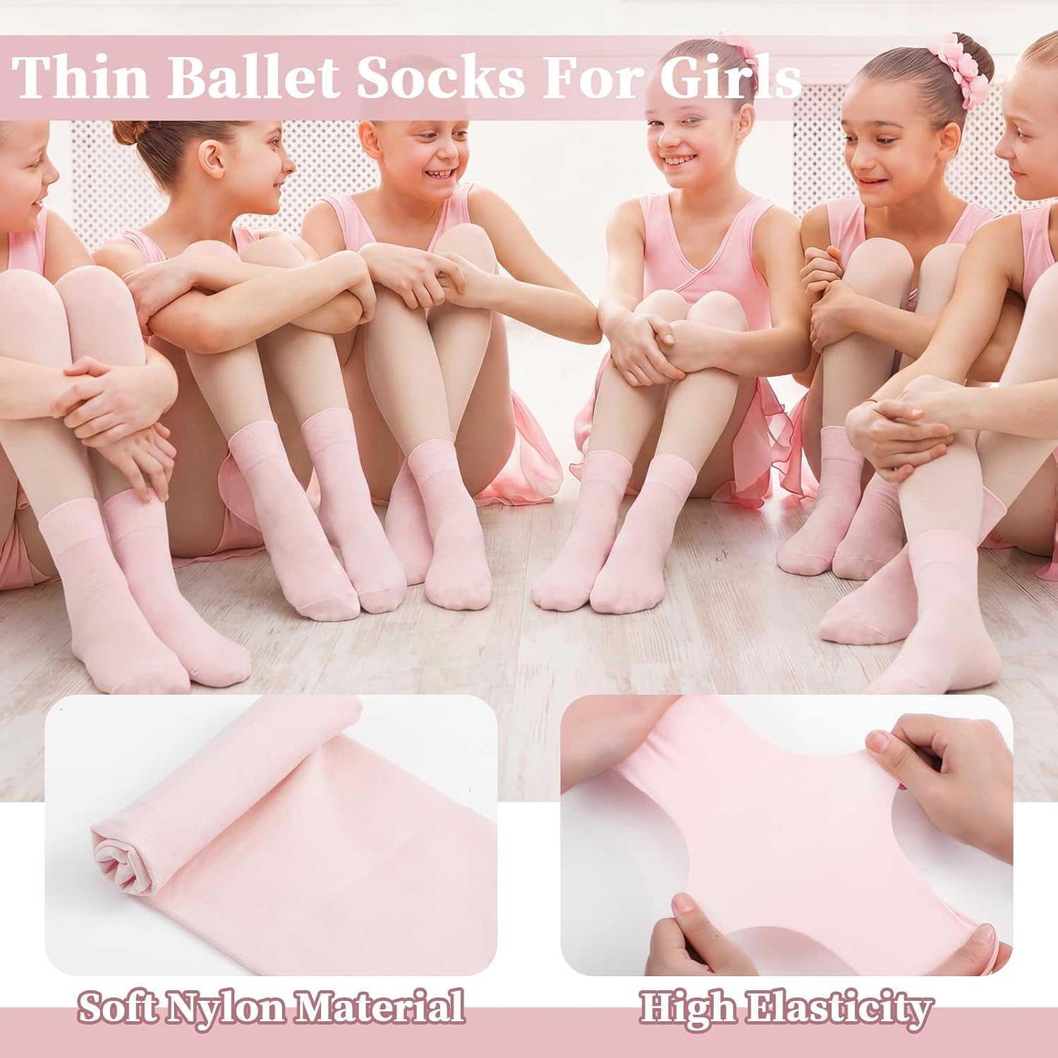 Janmercy 6 Pairs Dance Ballet Socks for Girl Thin Nylon Sheer Socks Soft Fabric Seamless Design Without Heel