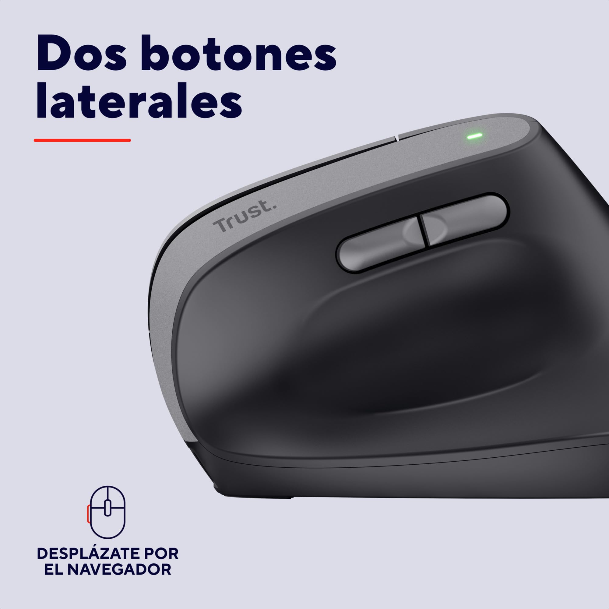 Trust Yuno Ratón Vertical Inalámbrico, Ratón Ergonómico Recargable 2.4GHz, Reducir la Tensión en Brazos y Muñecas, 800-2400 dpi, 70% Plástico Reciclado, PC Portátil Mac - Negro