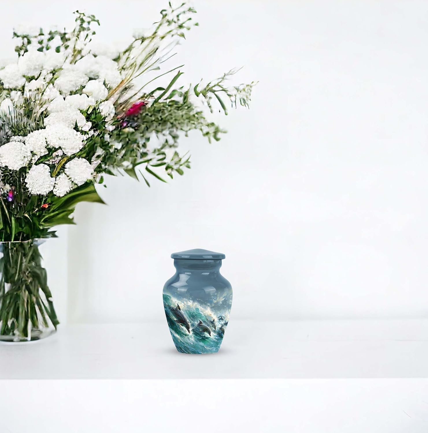 Mini Dolphin Urn - Small Metal Urn for Adult Human Ashes - Multicolor, Dolphin Pattern - 3 Inch, 1pcs