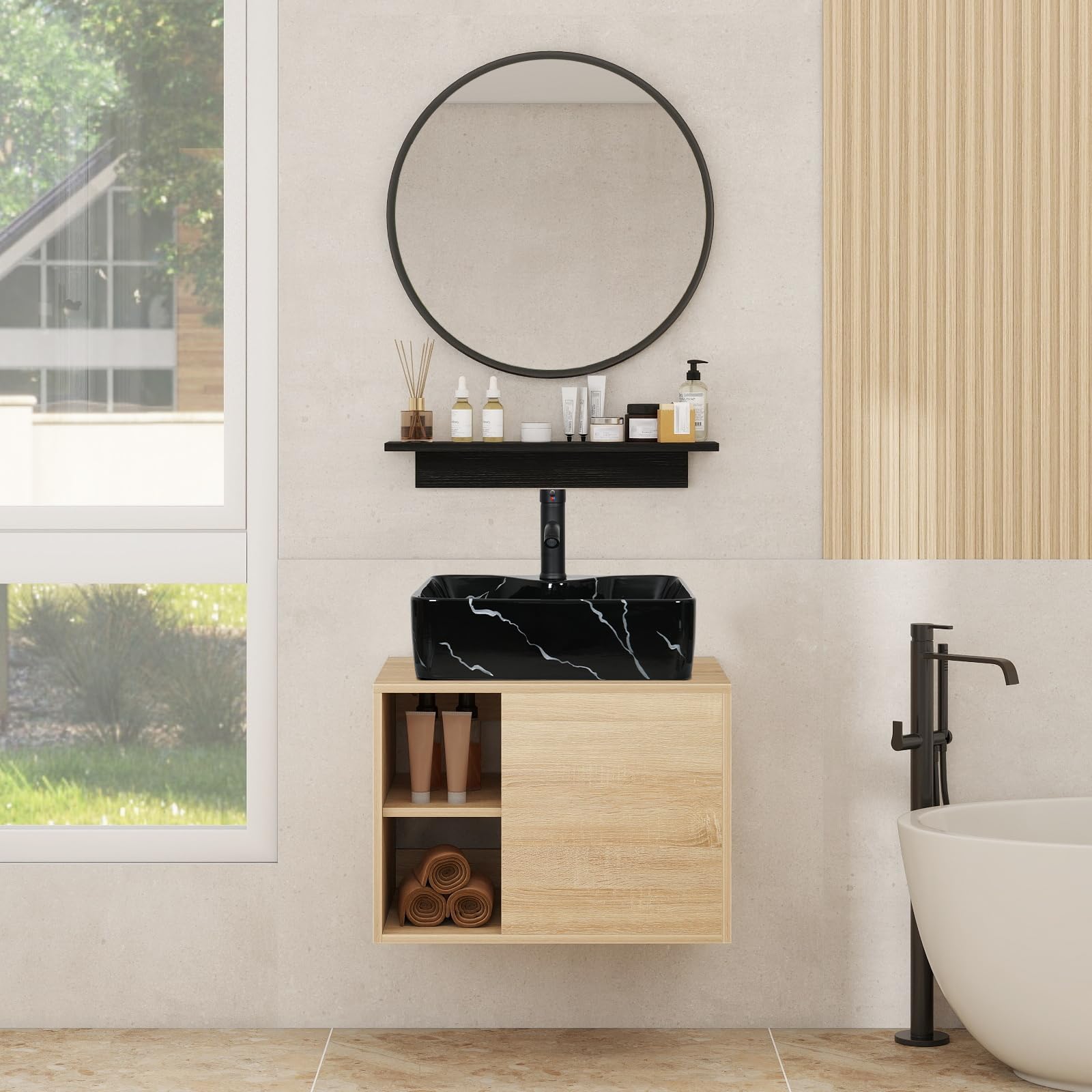 YOURLITE Cabinet Vanity, 24" Black Ceramic Vessel Sink Vanity, Wall-Mounted, Floating Bathroom Cabinet with Mirror, Shelves & Faucet