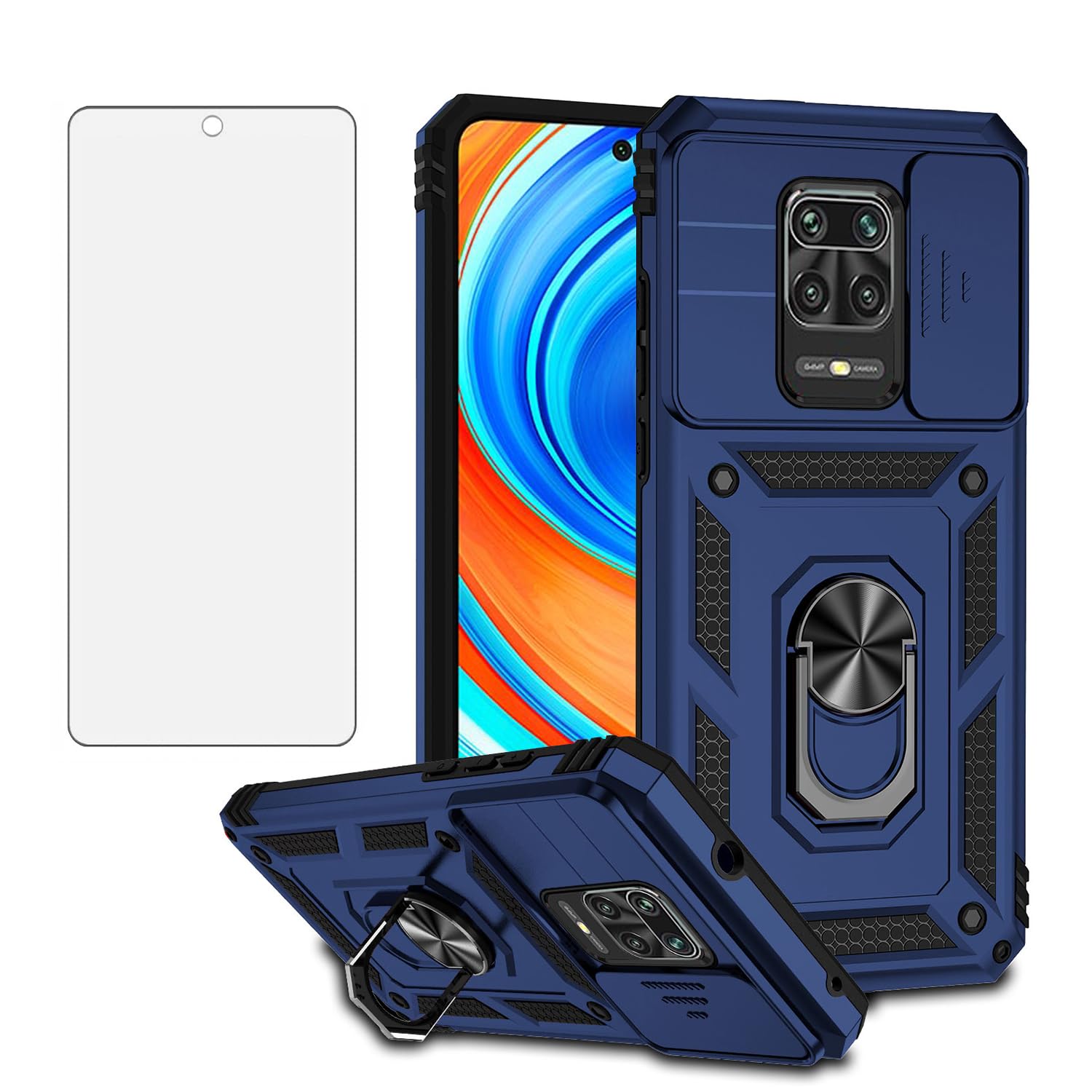 Asuwish Phone Case for Xiaomi Redmi Note 9 Pro/Note 9s/Note9 Pro Max/Poco M2 Pro with Camera Cover Tempered Screen Protector Ring Holder Stand Rugged Protective Redme Note9S Note9Pro 4G Women Blue