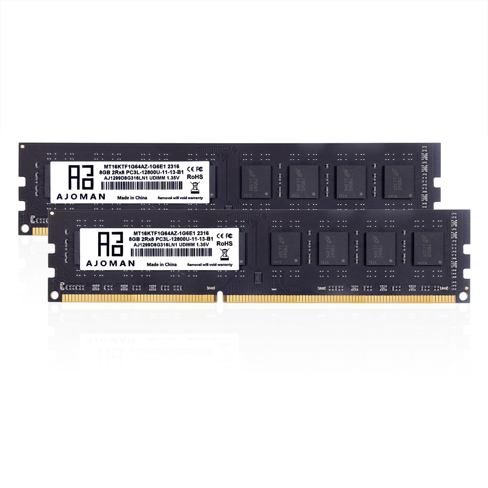 AJOMAN 16GB(8GBx2) Kit DDR3L 1600MHz UDIMM Desktop RAM 2Rx8 PC3L-12800 1.35V DDR3 240-Pin CL11 UDIMM Computer Memory Modules
