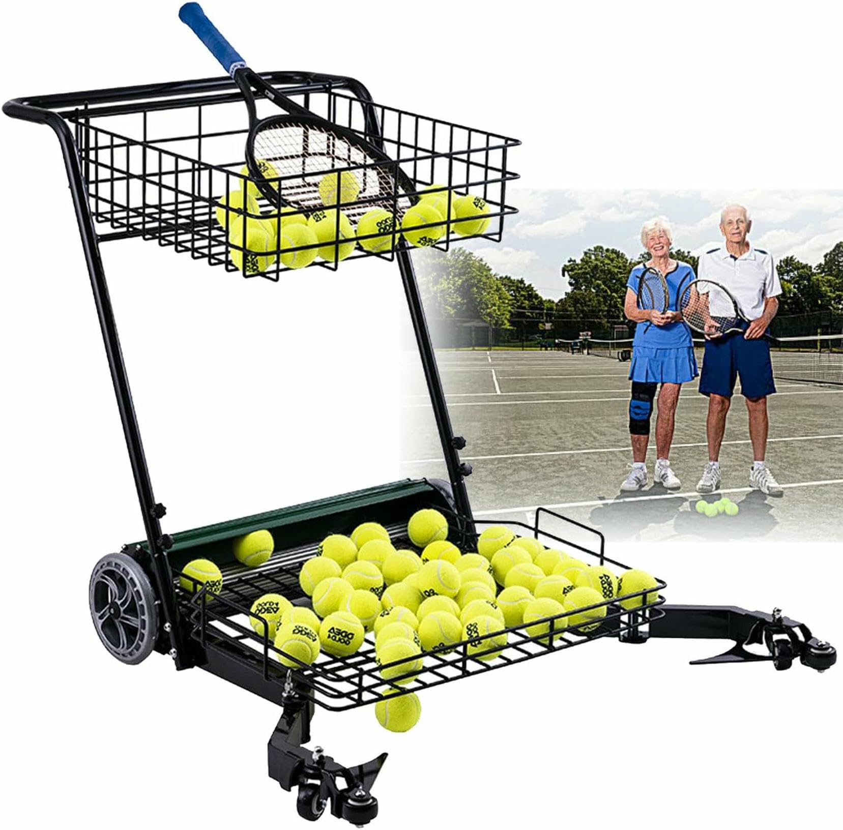 Raccoglitore di palline da tennis, con sistema di recupero automatico a pressione manuale, raccoglie palline da tennis rimovibile, dispositivo portatile può contenere 290 palline per una facile