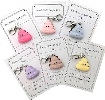 Tizee Emotional Support Poo - Funny Smile Poo Pocket Hug with Card, Gag Gift for Friends Family Classmates 6 Pack Silicone Keychain Set