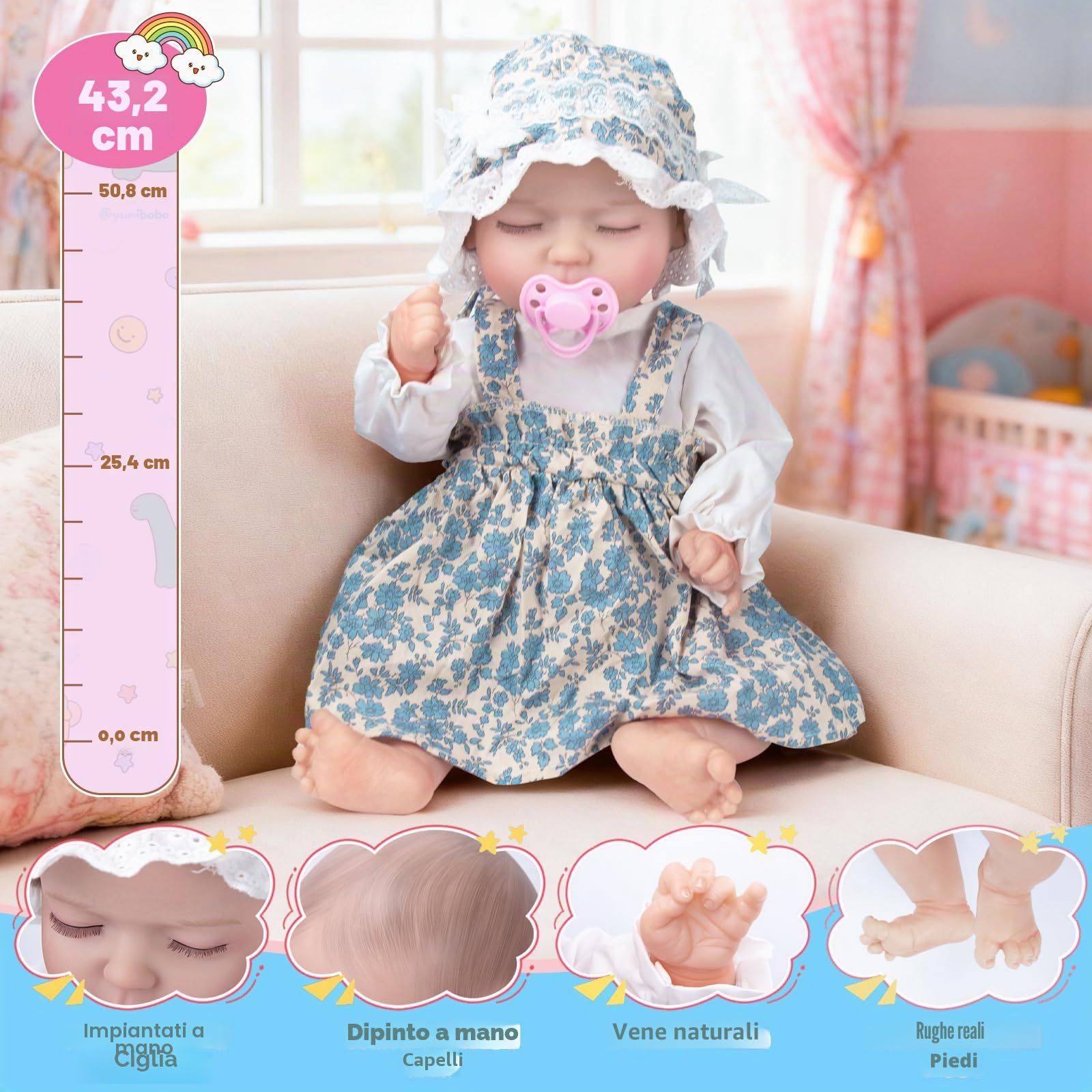 JONRRYIN Bambole Reborn con Sensore di Gravità, 43cm Bambole Reborn Interattive per Bambine, che Respirano, Piangono e Ridono, Ideali dai 3 Anni in su (Blu)