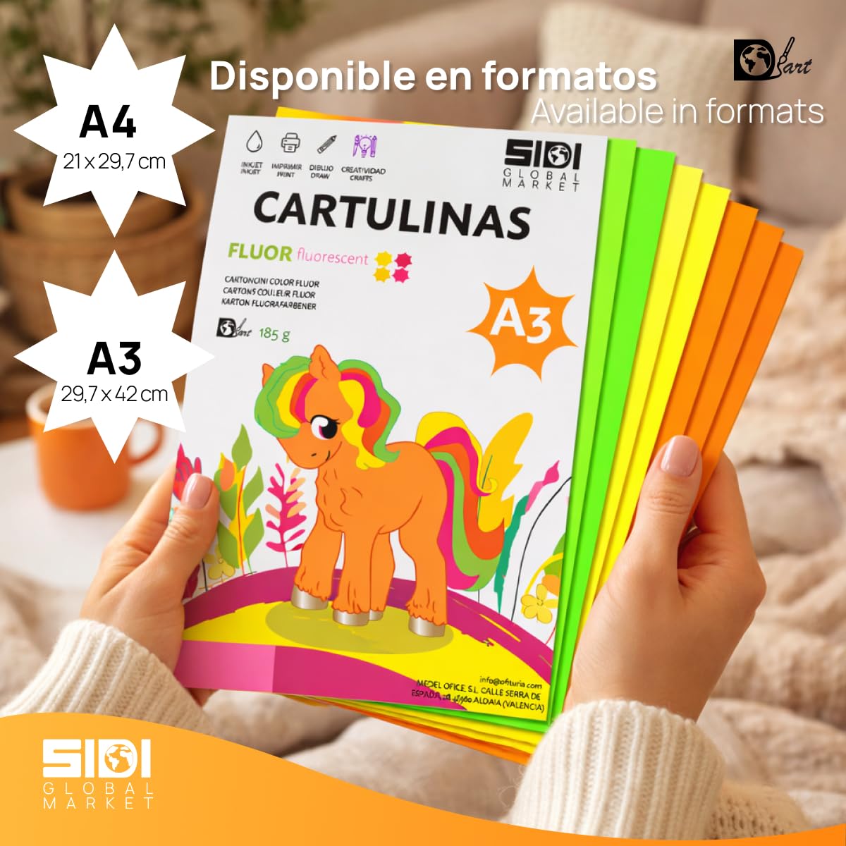 Cartulina A3 Fluor 185 g Cartulina Fluorescente de Colores Neon para Manualidades, Scrapbooking, Impresora Inkjet y Láser, Pack Variado Alta Visibilidad – SIDI (fluor, 25h) — view 3