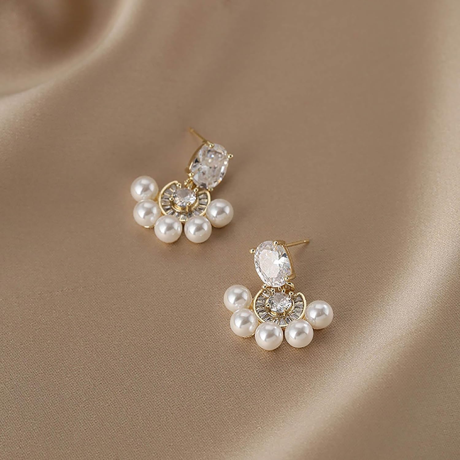 W WEILIRIAN Bohemian Square Crystal Earrings Pearl Drop Dangle Earrings Rhinestone Stud Earrings Cz Pearl Earrings Pearl Bridal Wedding Earrings Jewelry for Women - Image 5